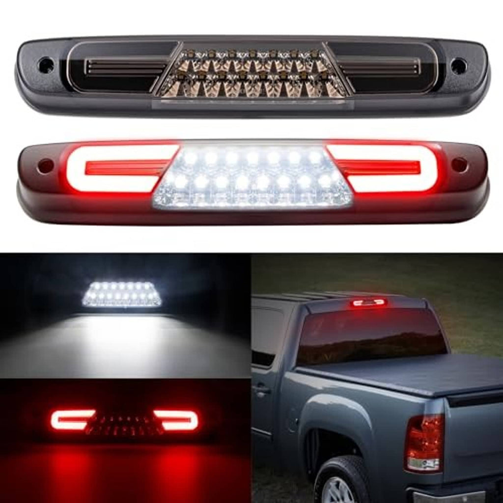 Smoked-lens LED third brake light shown lit in a red and white LED pattern