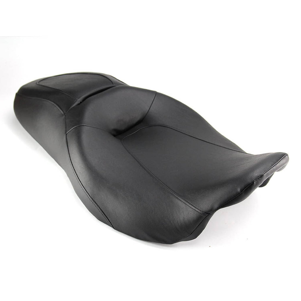Black motorcycle seat with padded backrest shape and center seam stitching.