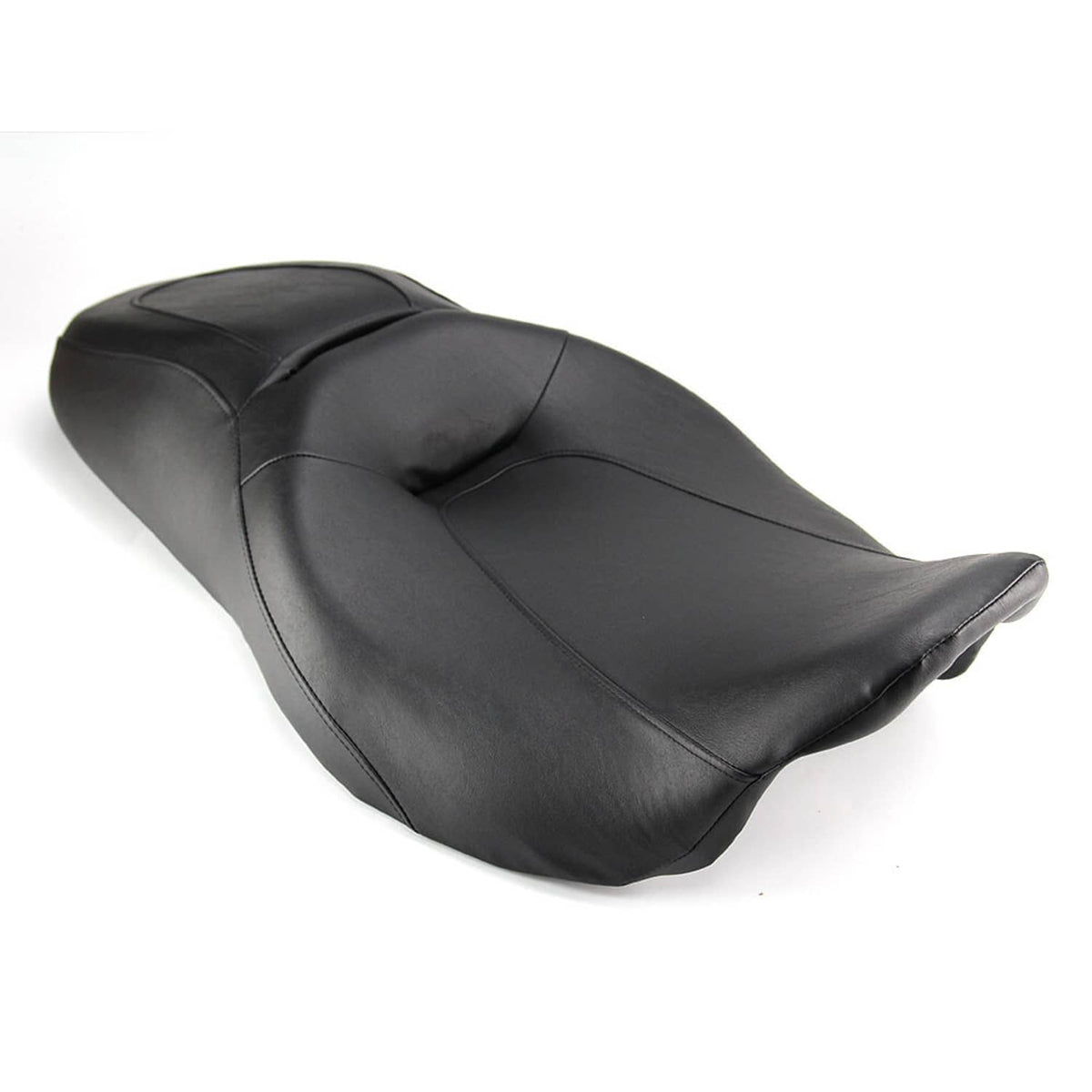 Black motorcycle seat with padded backrest shape and center seam stitching.