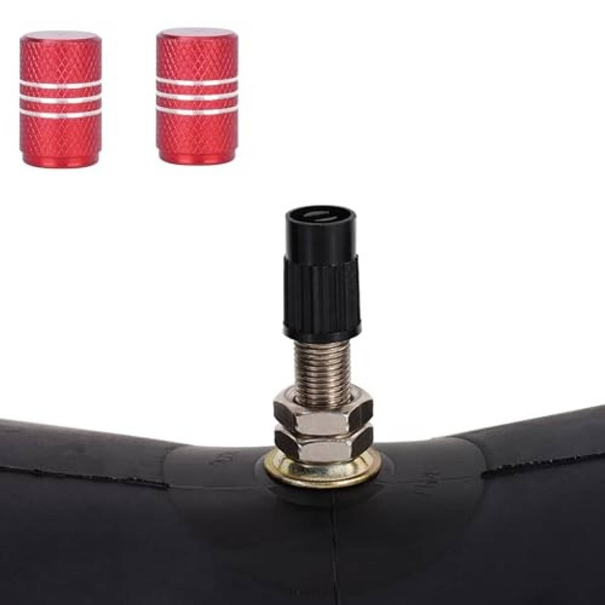 TR4 valve on black inner tube with red valve caps