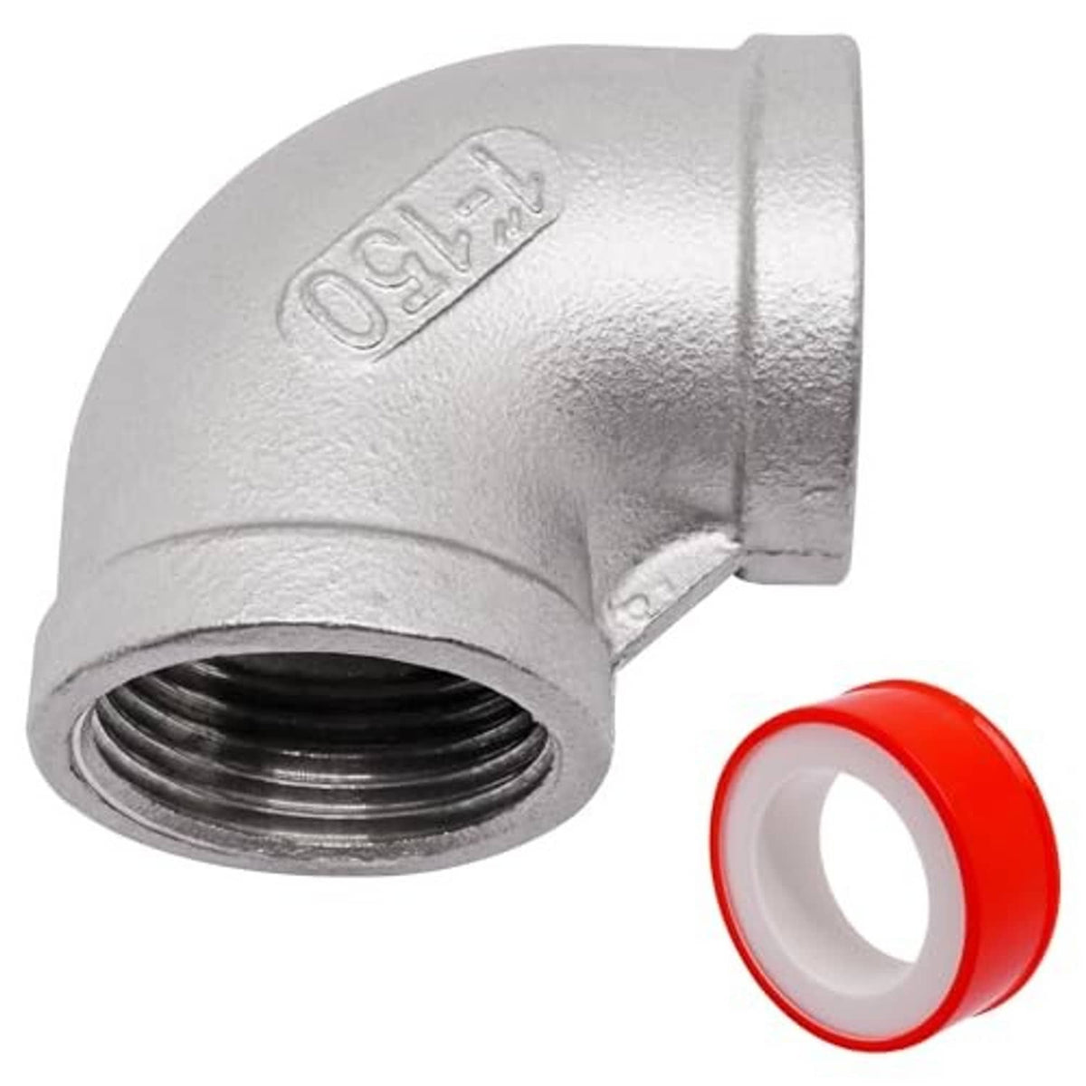 90-degree stainless steel street elbow with female NPT threads and red end cap
