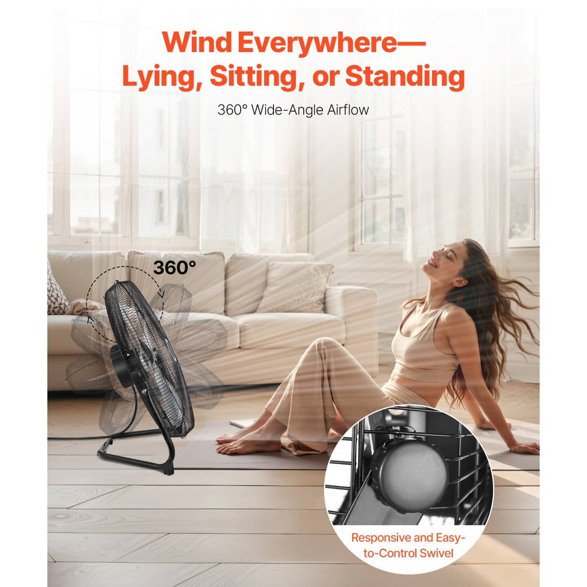 Black metal floor fan with 360-degree adjustable airflow and wire grille