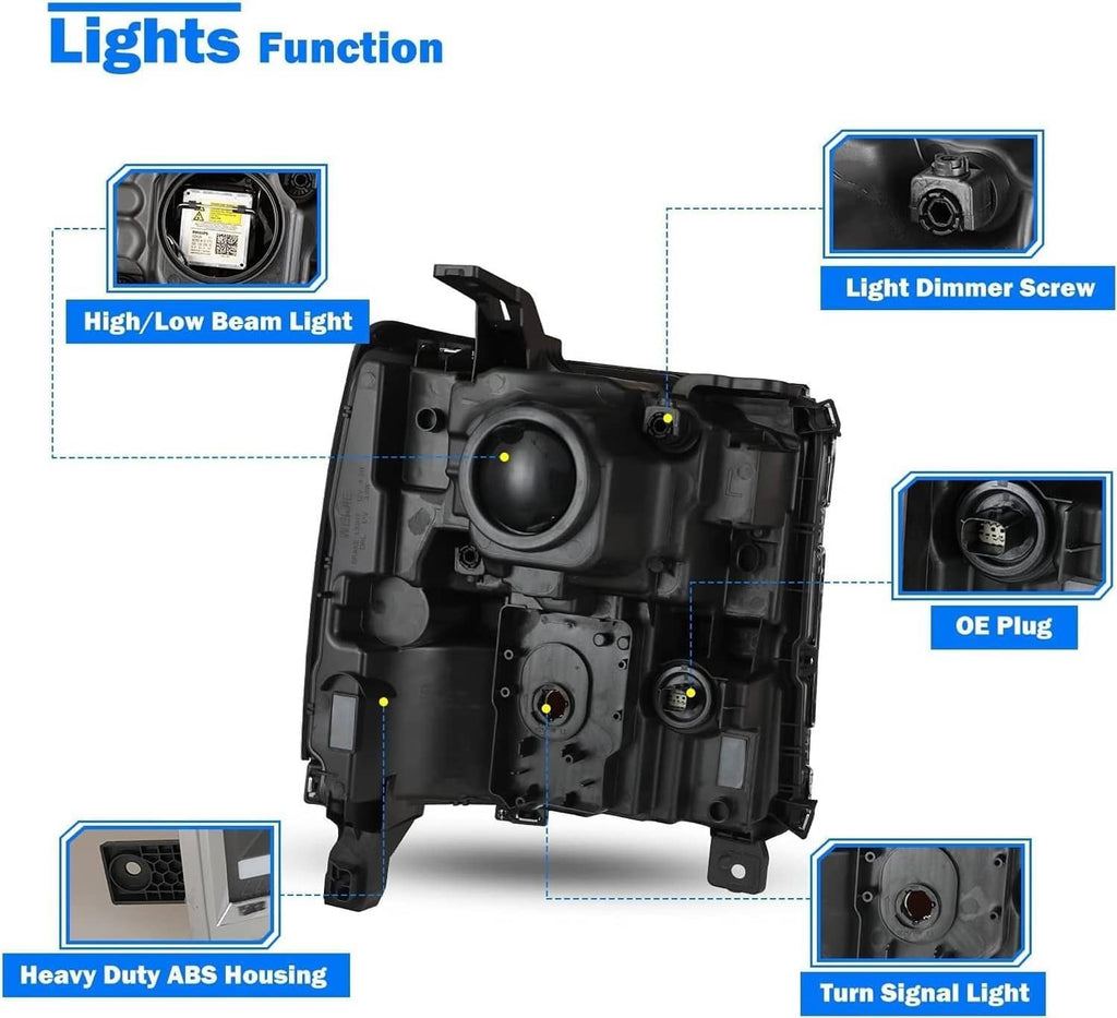 Black headlight housing parts diagram with mounting points and OE plug details