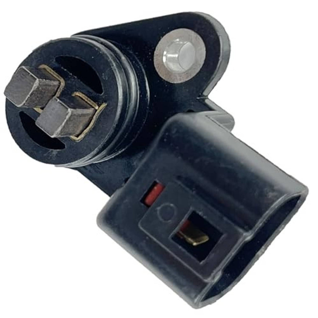 Camshaft position sensor with side view of black connector and silver mounting screw hole