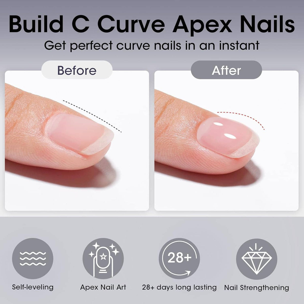 Natural nails with builder gel curve, before and after application view