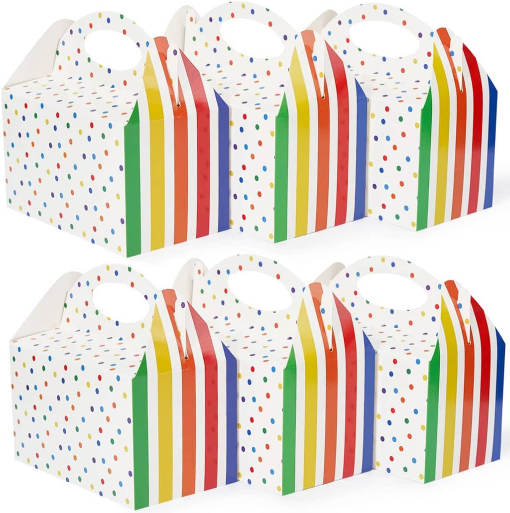 Kids birthday favor boxes featuring polka dot tops and bold rainbow stripe sides with handles.