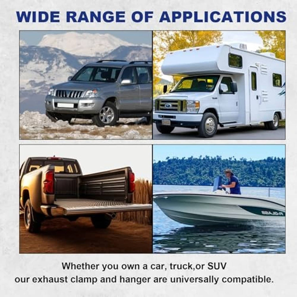 Universal exhaust clamp and hanger shown on multiple vehicles, truck, RV, and boat