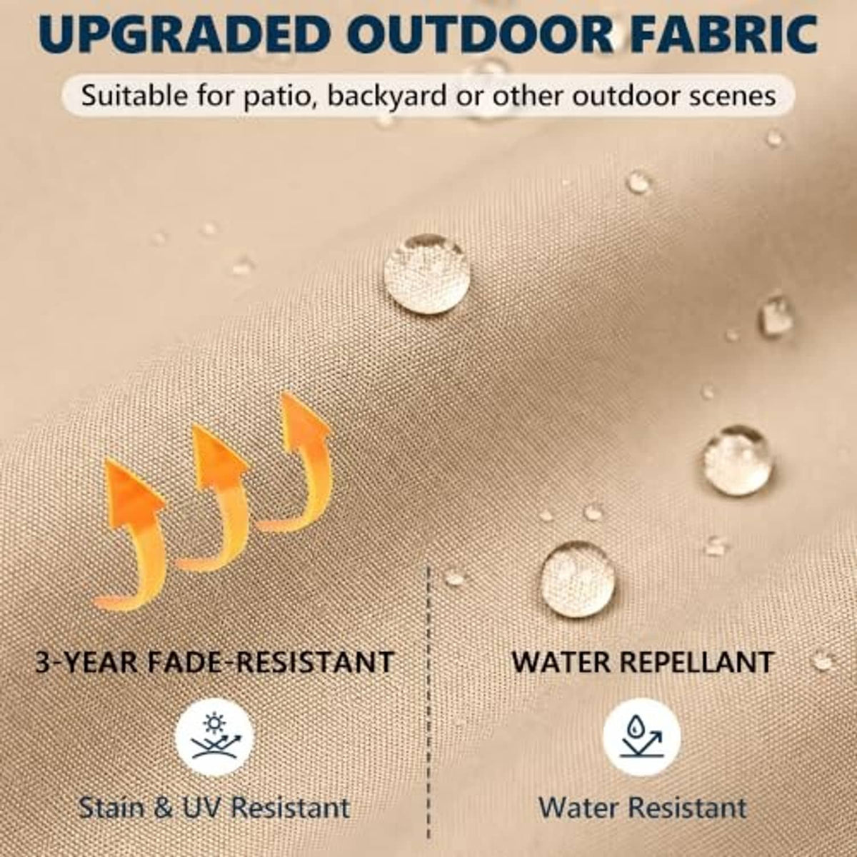 Beige umbrella canopy fabric with water droplets and textured weave