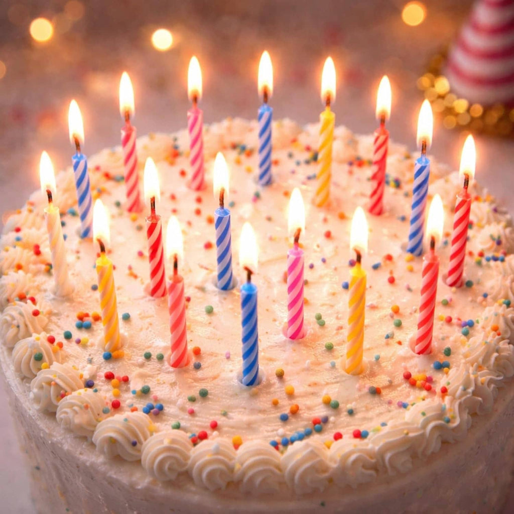 Dozens of lit striped birthday candles in pink, blue, red, and yellow