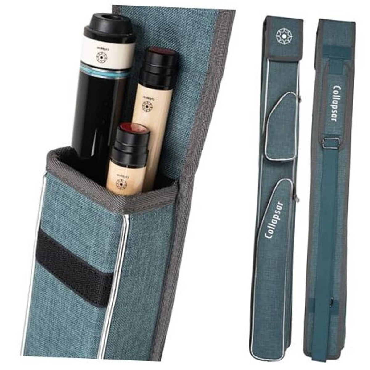 Teal-green billiard cue case with padded divider holds 1 butt and 2 shafts