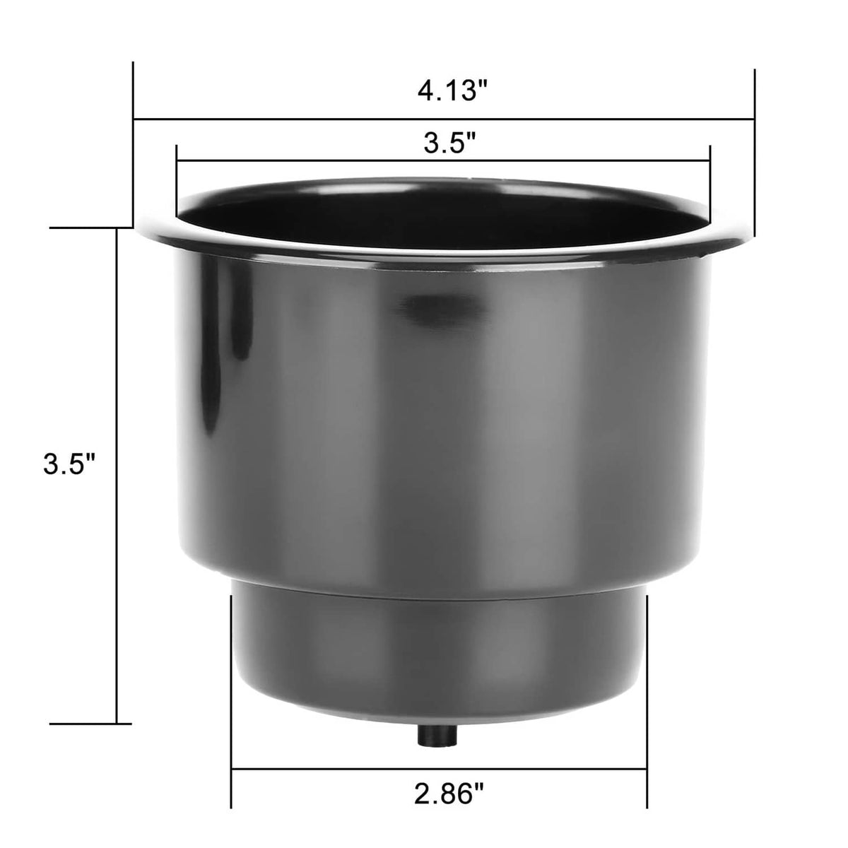 Black recessed plastic cup holder with round opening and underside mount, shown with dimensions