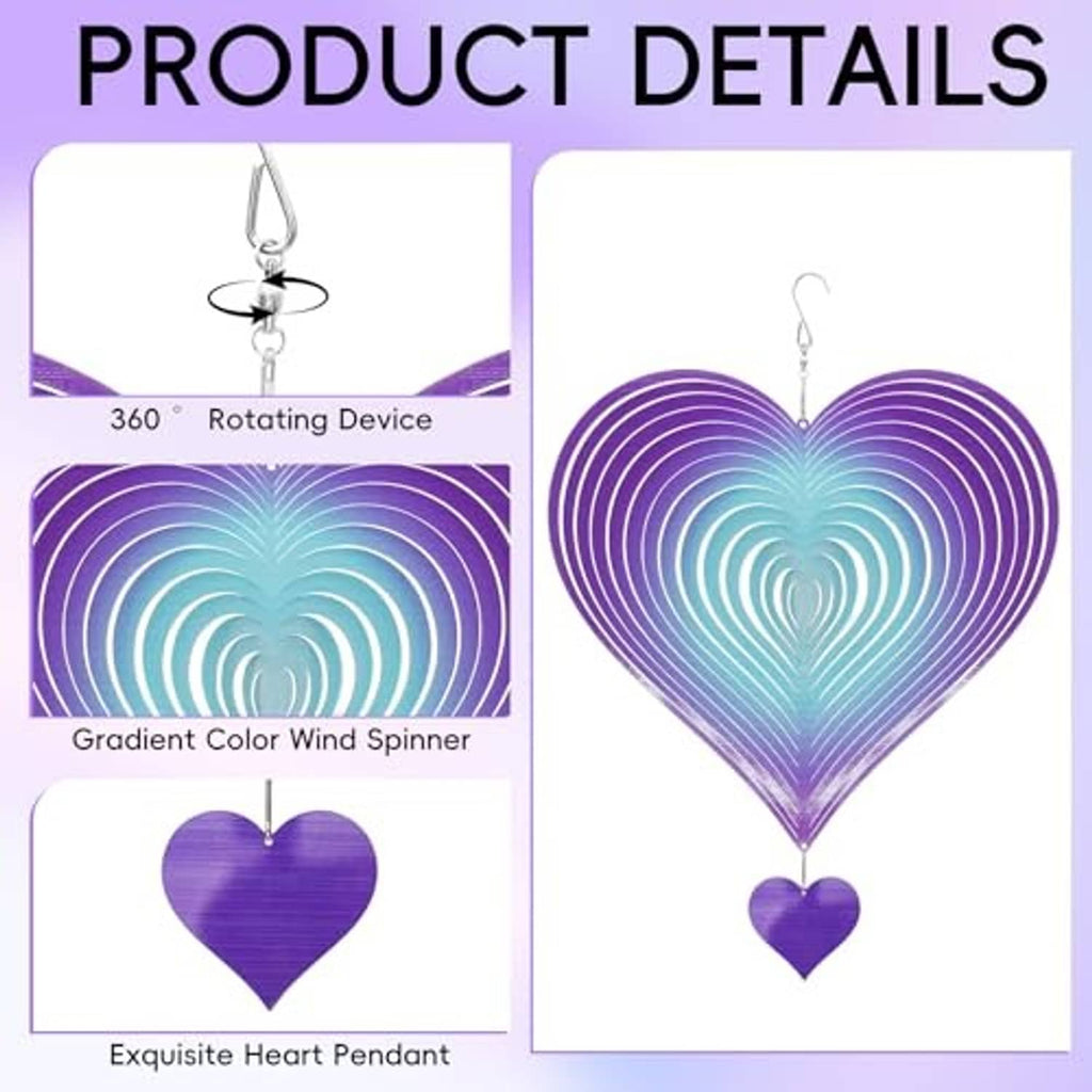 Heart wind spinner with purple-blue gradient rings, rotating design, hanging hook and small heart charm.