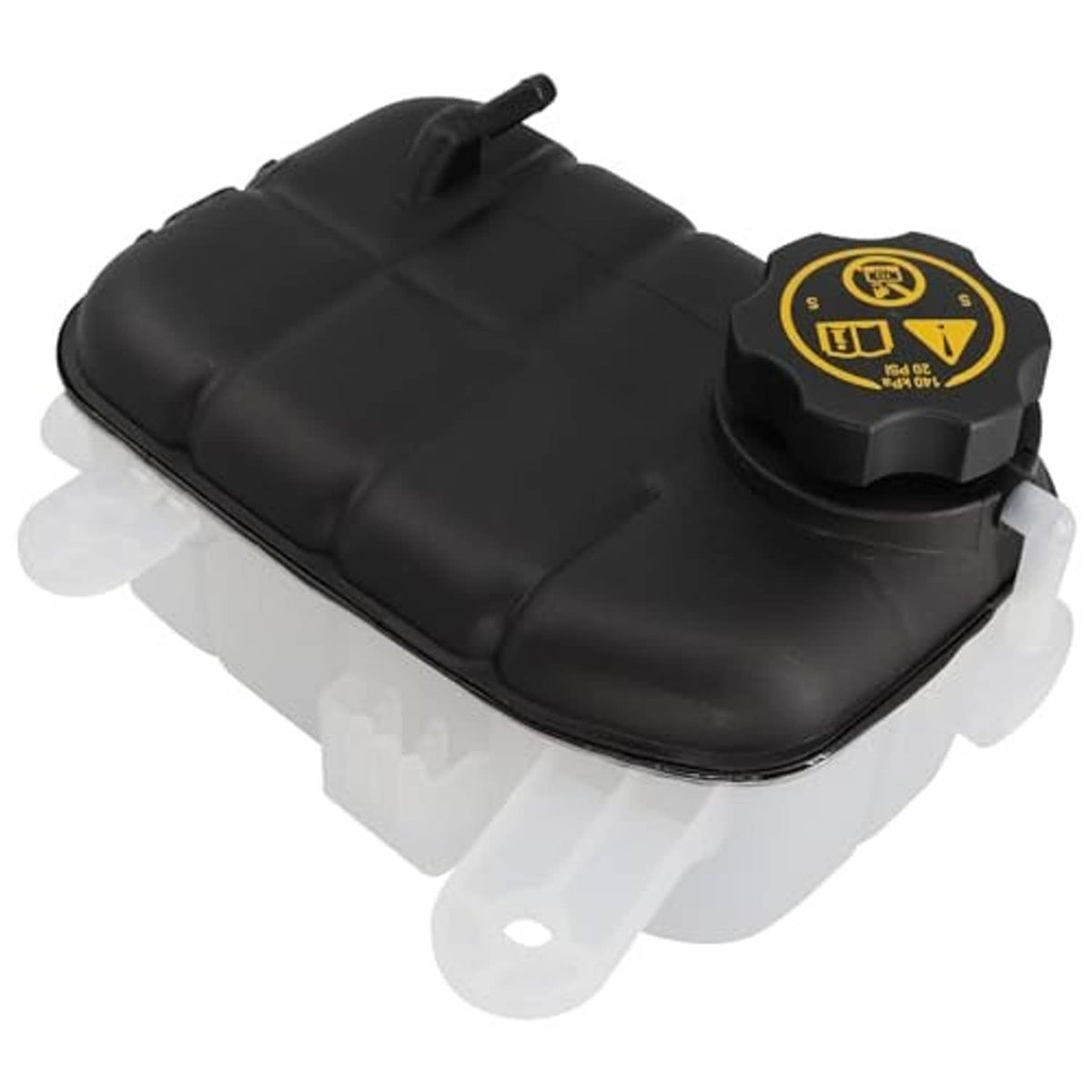 Black coolant overflow reservoir tank with yellow-labeled cap