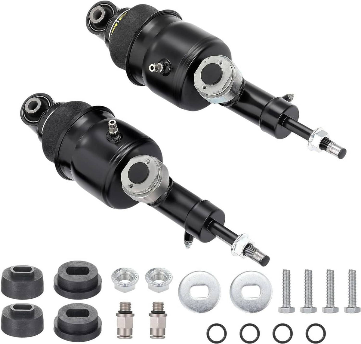 Pair of black rear air suspension shock struts with bushings and mounting bolts