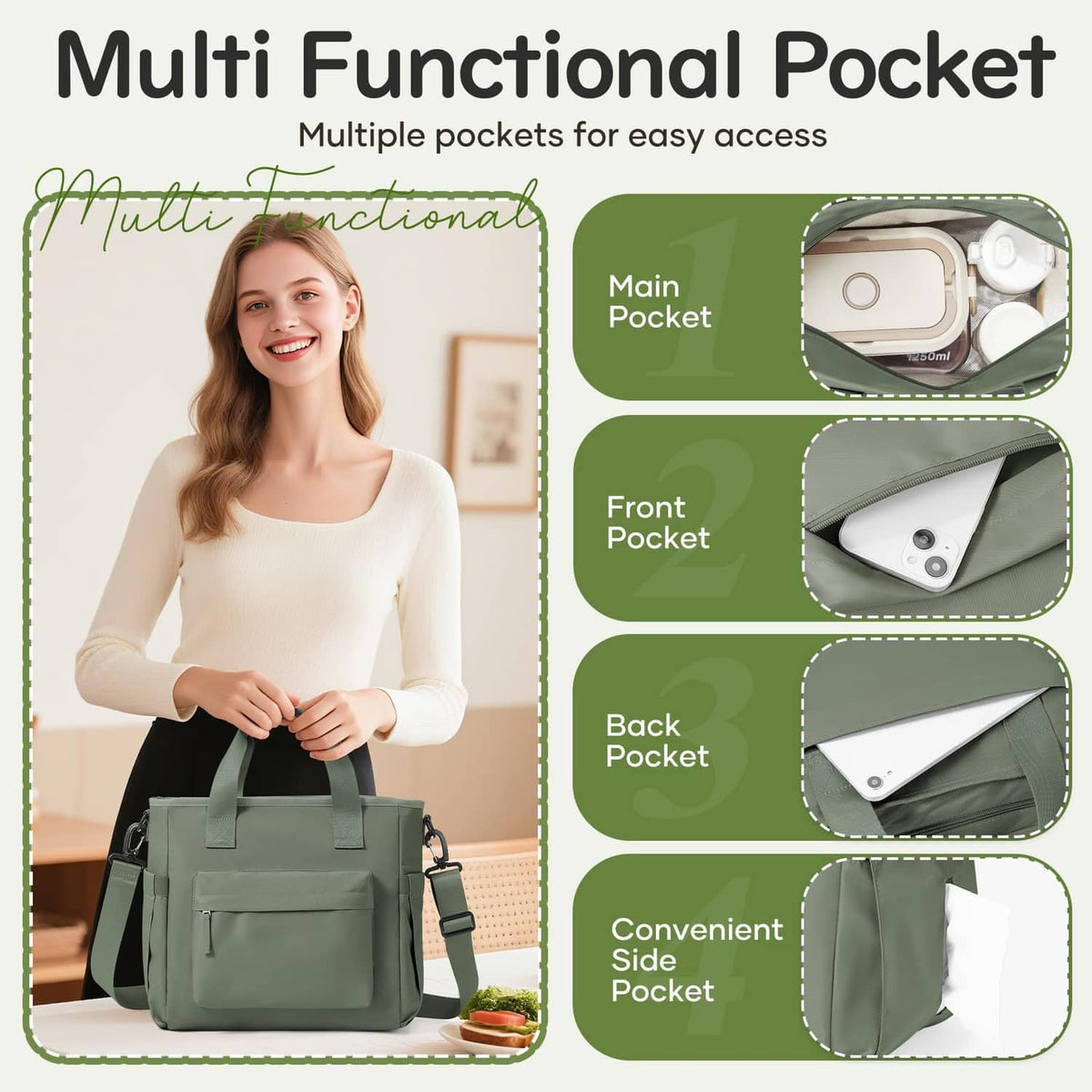 Insulated lunch tote bag multi-pocket design, front organizer pockets shown
