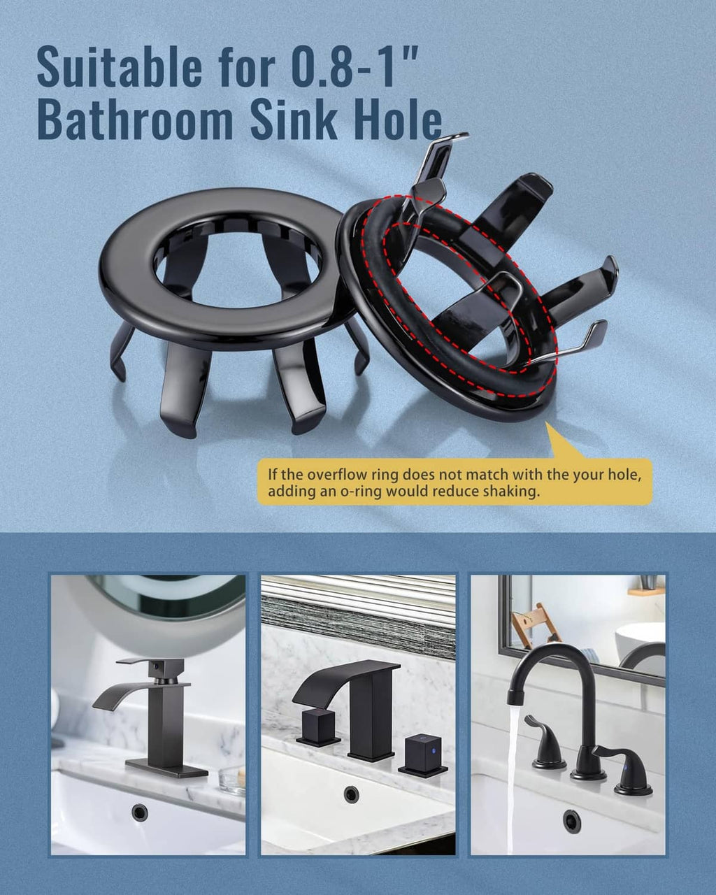 Bathroom sink overflow ring set with round opening, snap tabs, and three legs