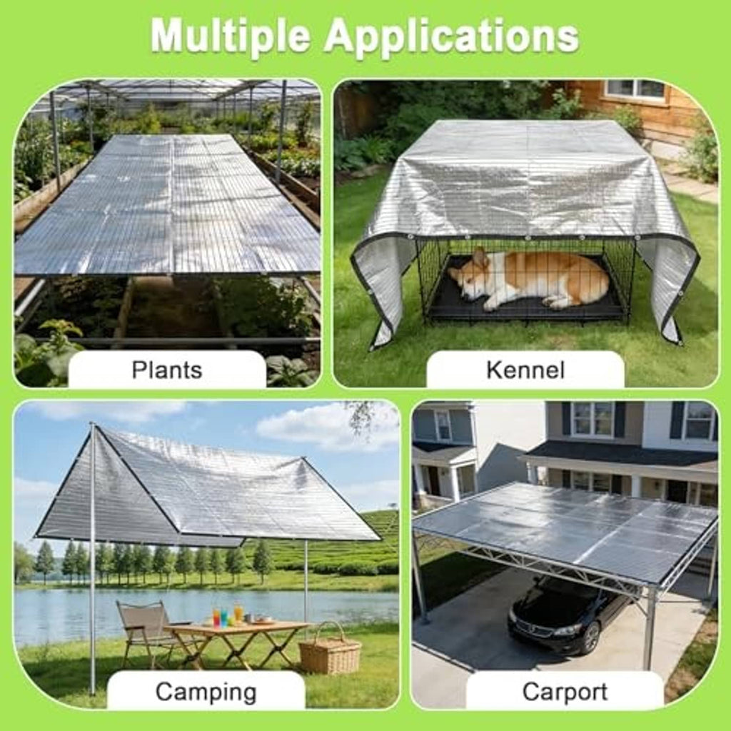 Silver reflective tarp used as cover for garden, kennel, camping, and carport
