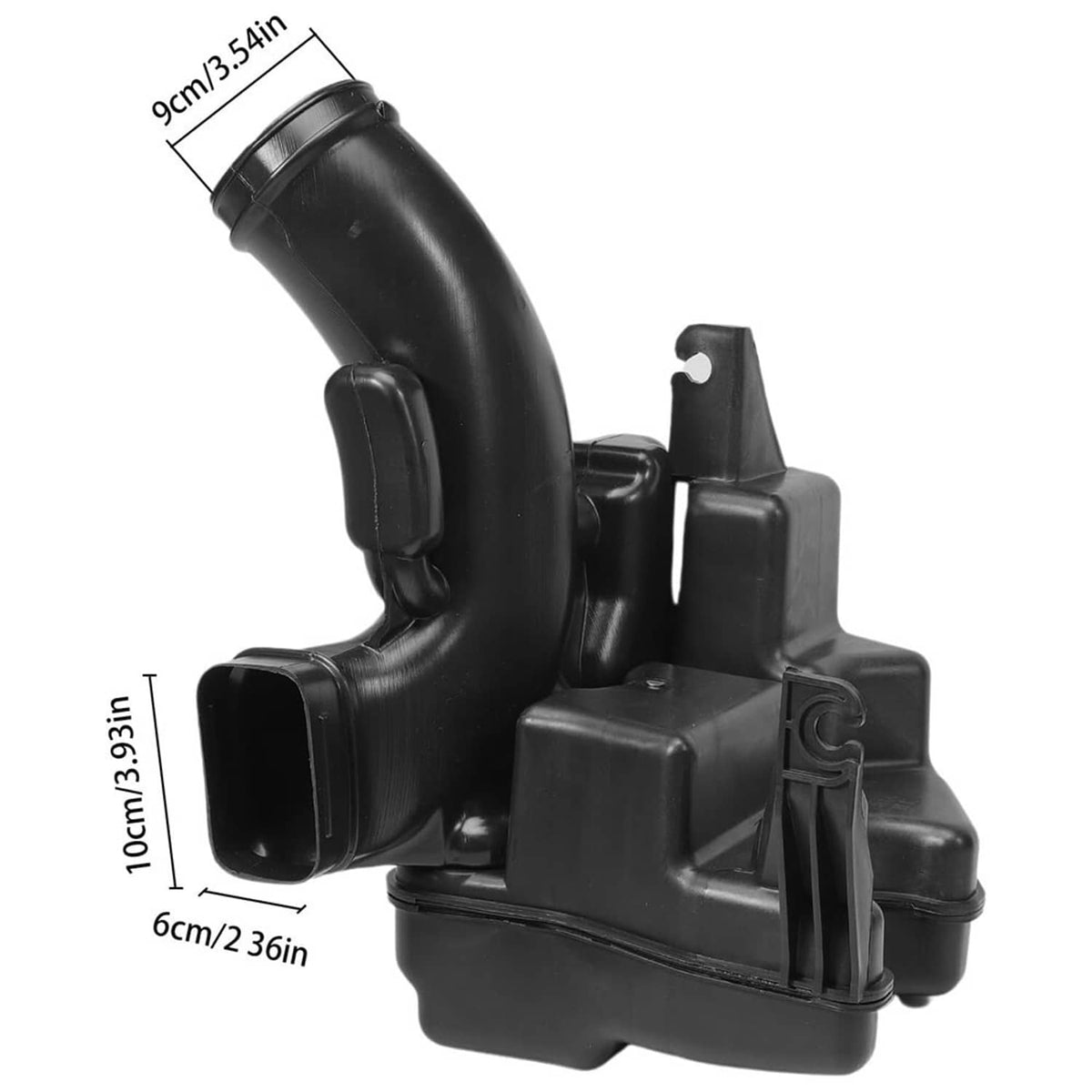 Black plastic air intake lower resonator, compact housing with intake elbow