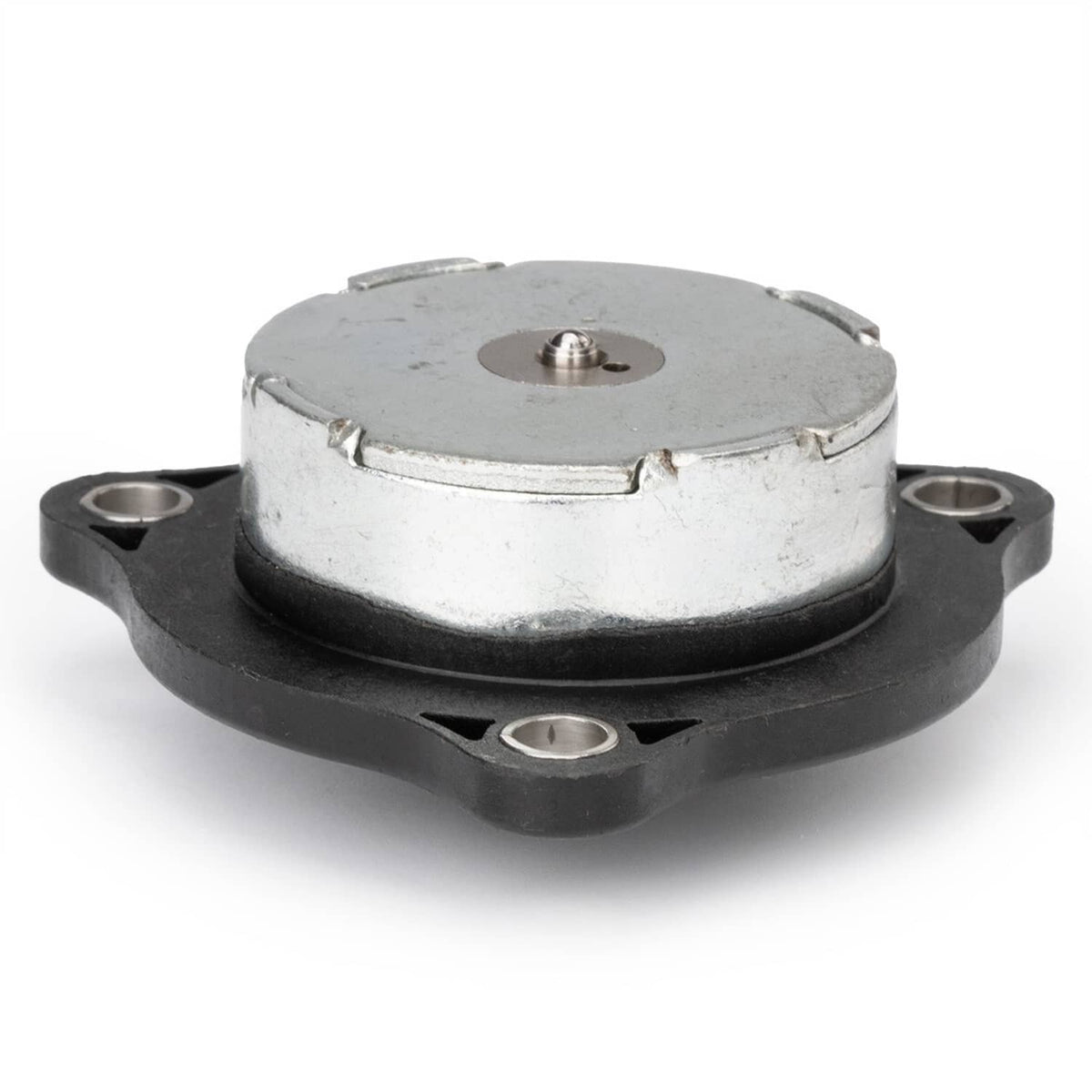 Camshaft phaser actuator with round silver housing and four threaded mounting studs
