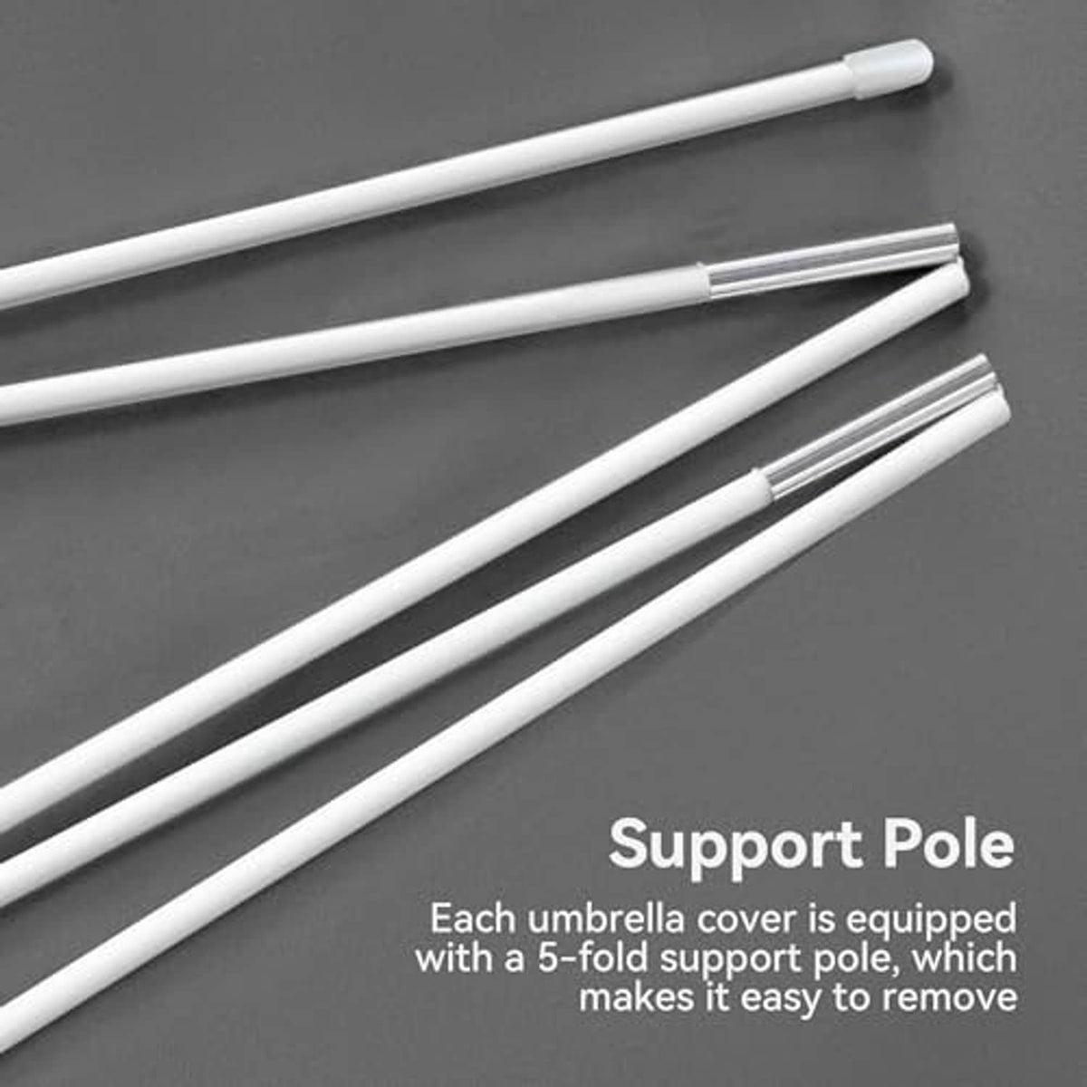 White support poles for umbrella cover, bundled folding rod pieces