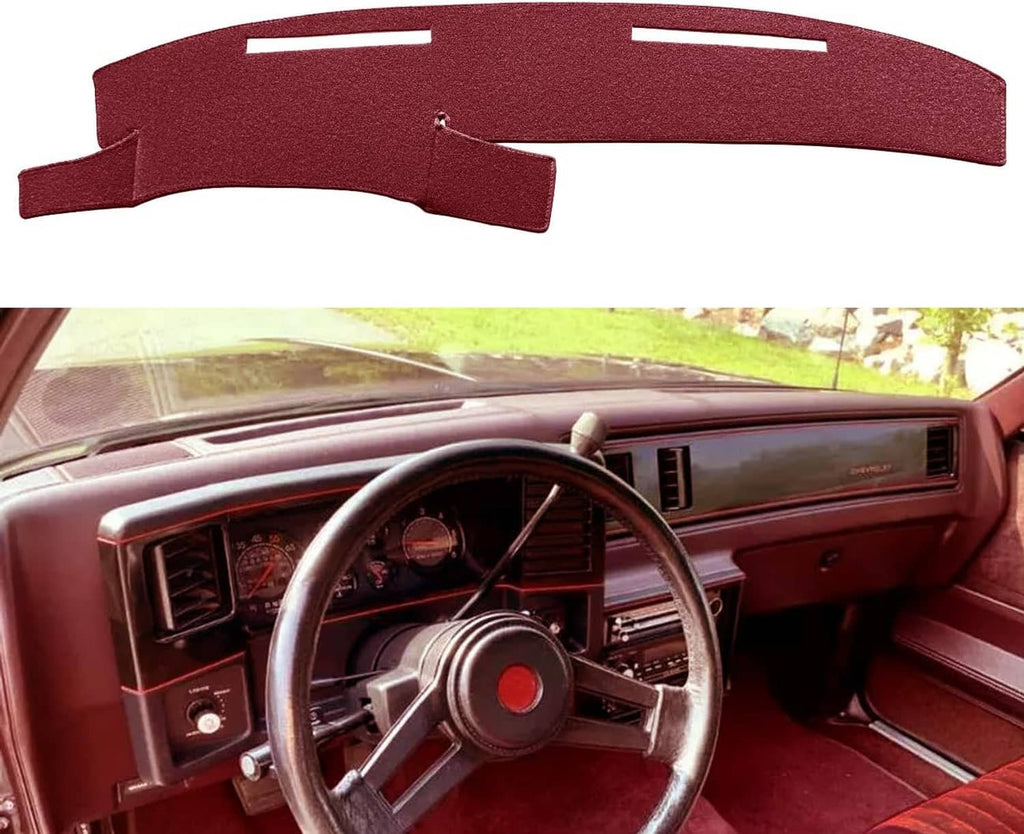 Maroon dash cover mat with curved shape and small cutout tab