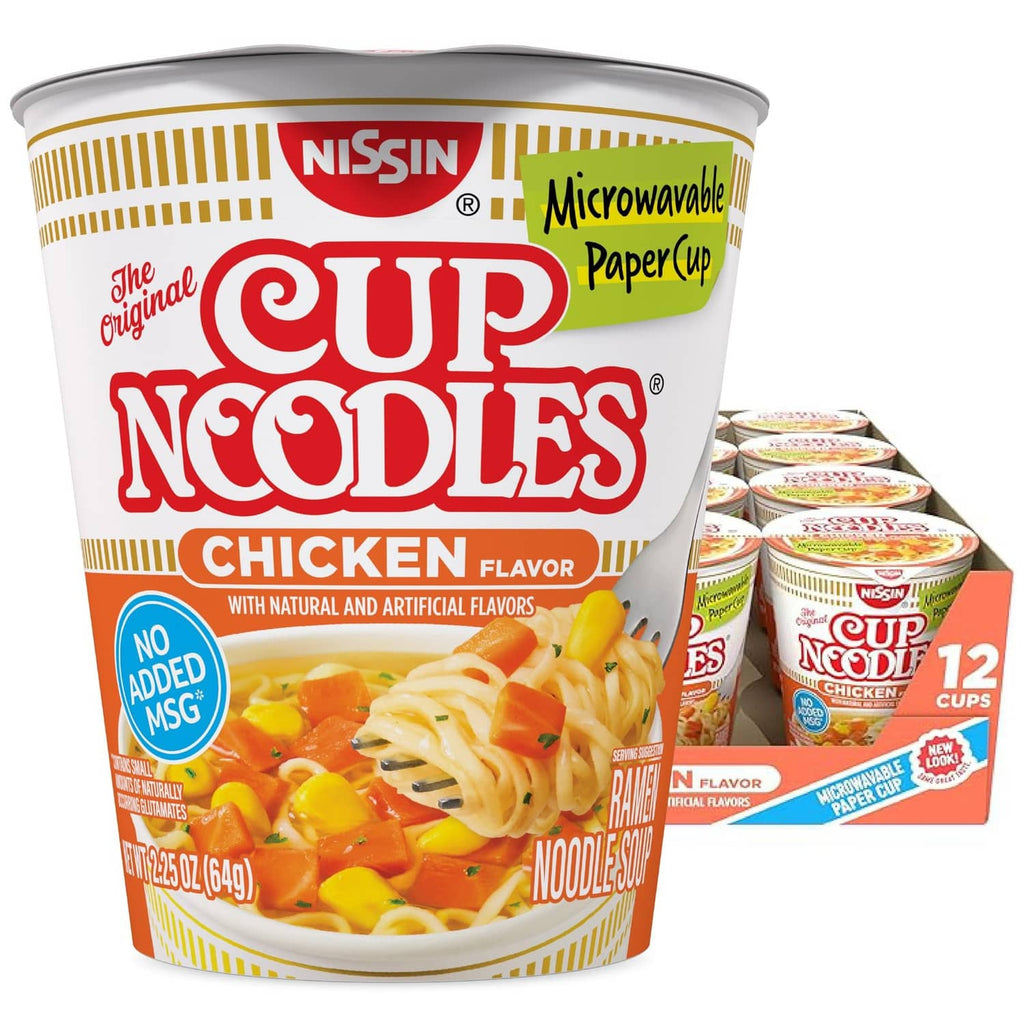 Nissin Cup Noodles chicken flavor paper cup with lid, front label view