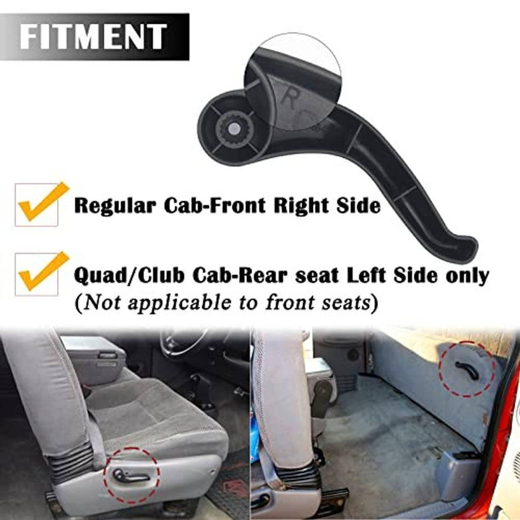 Black seat recliner handle lever with pivot end and circular mount, angled view