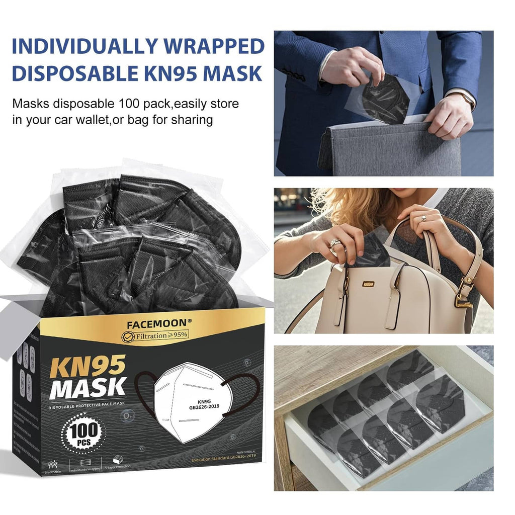 Pack of individually wrapped black KN95 disposable face masks