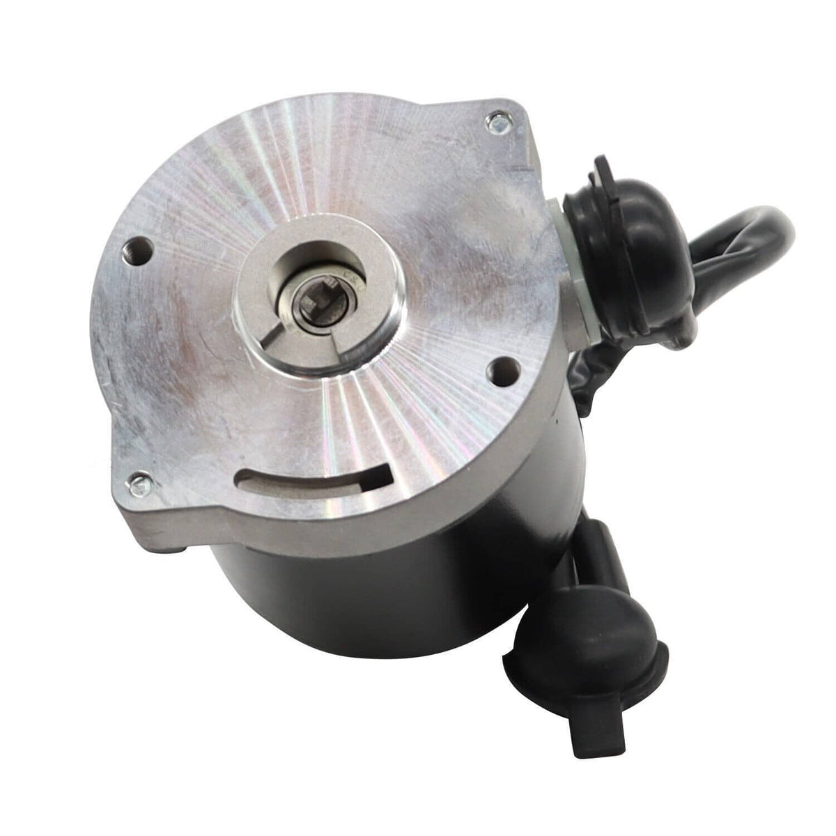 Brake booster pump motor with silver mounting plate and black actuator