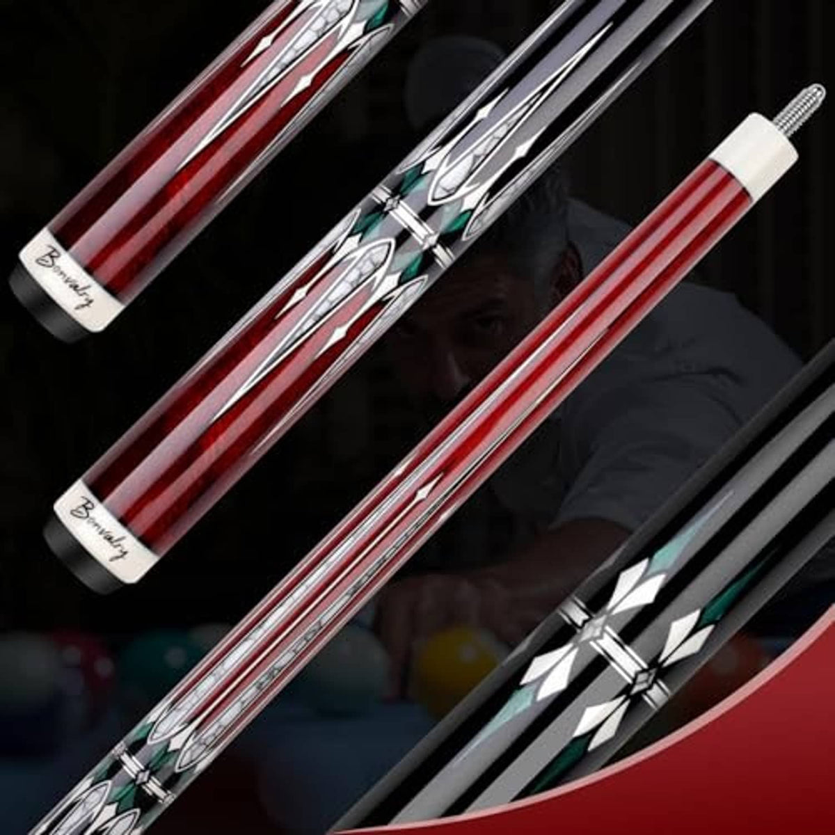 Pool cue with red striped shaft and colorful wraparound handle detail, shown at angle