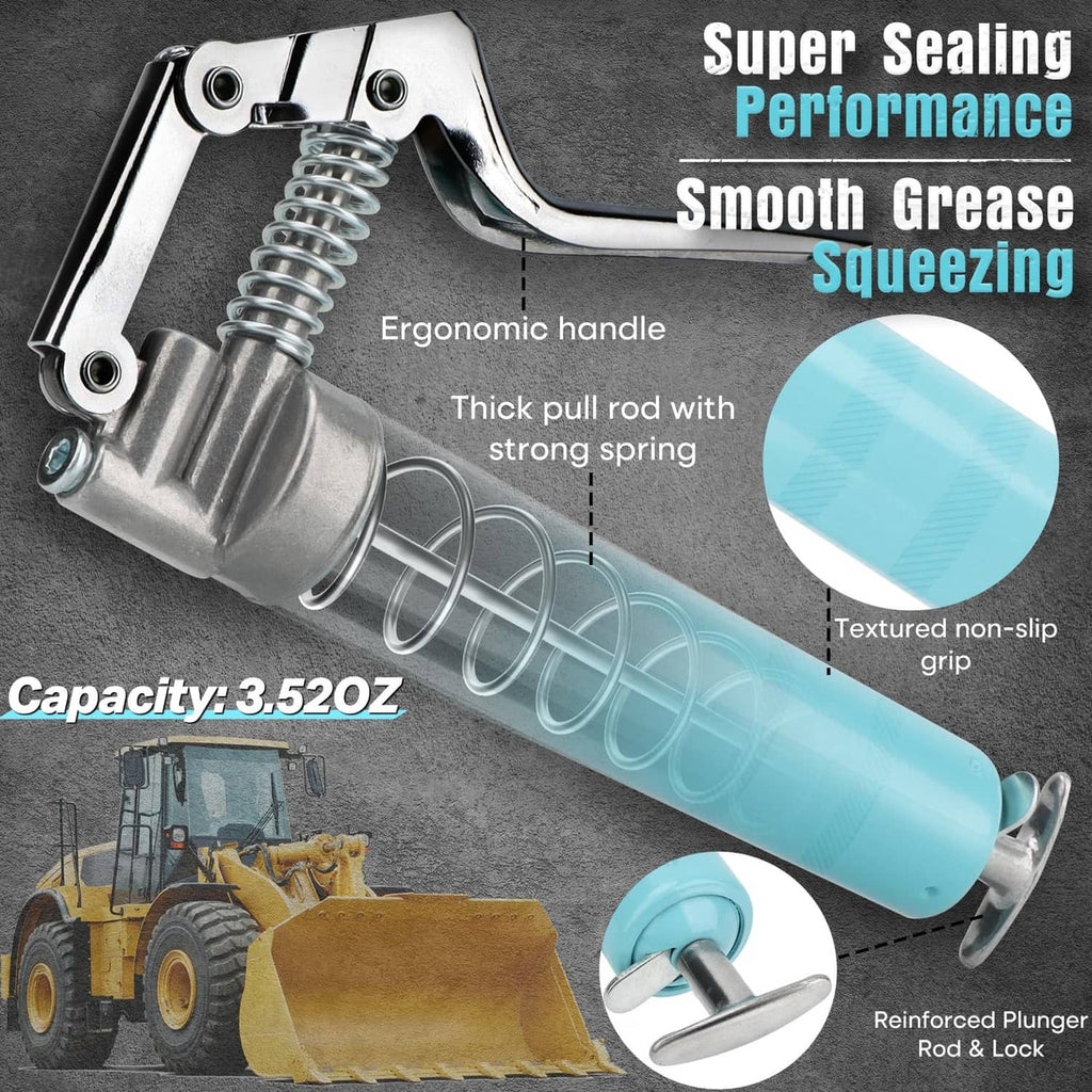 Blue mini grease gun with textured non-slip grip and spring pump head