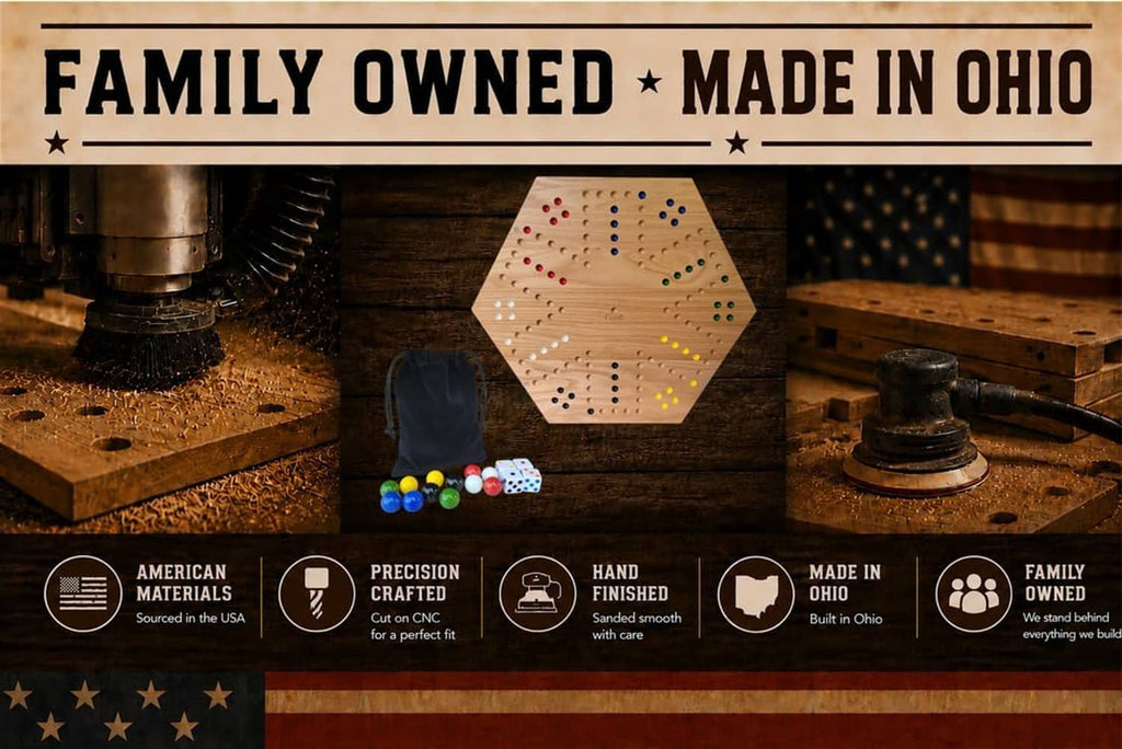 Hex board game on a workbench with marbles, dice, and a wooden playing surface