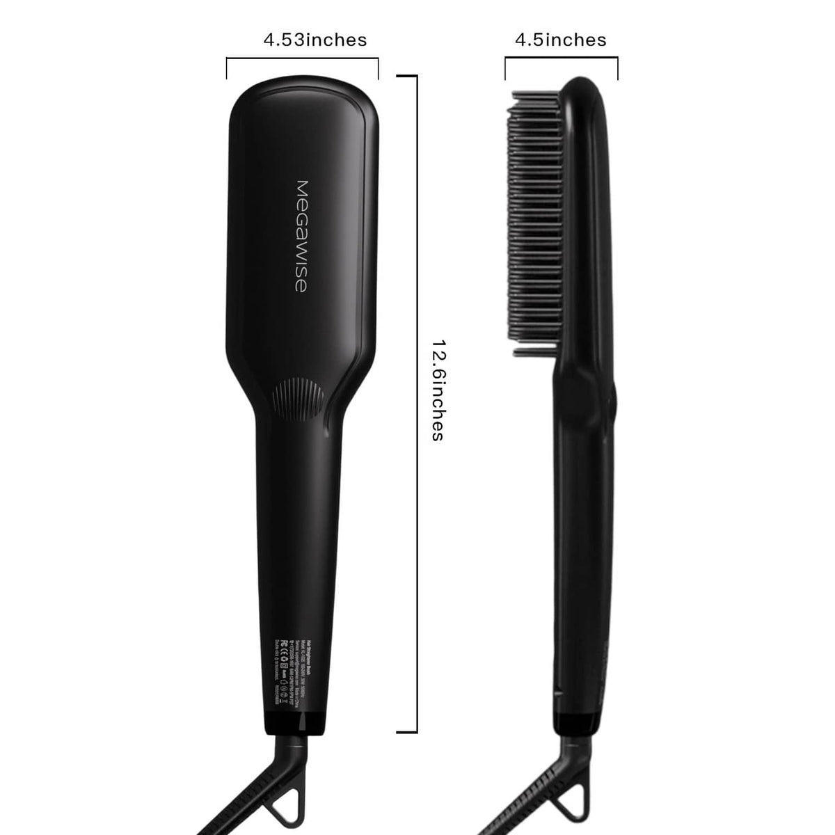 Black hair straightener brush size view with compact handle and comb teeth