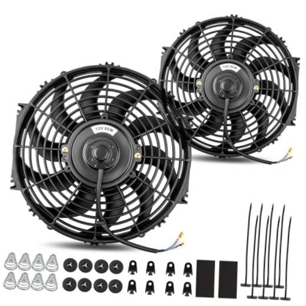 Two 8-inch electric cooling radiator fans with cables, screws, and mounting hardware