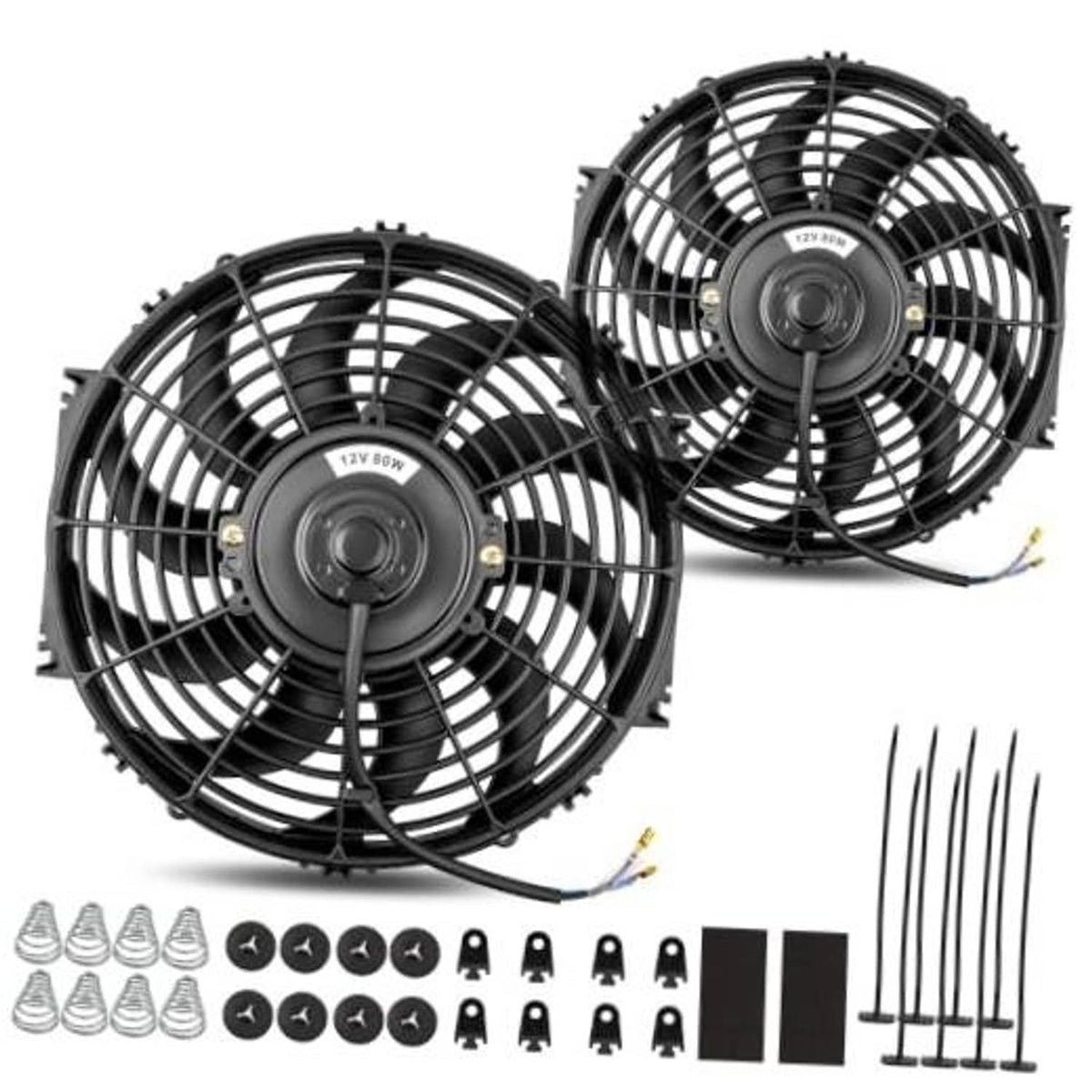 Two 8-inch electric cooling radiator fans with cables, screws, and mounting hardware