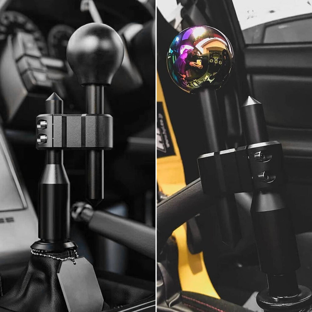 Car-mounted gear shifter knob extension with metal adapter and clamp near the shift boot