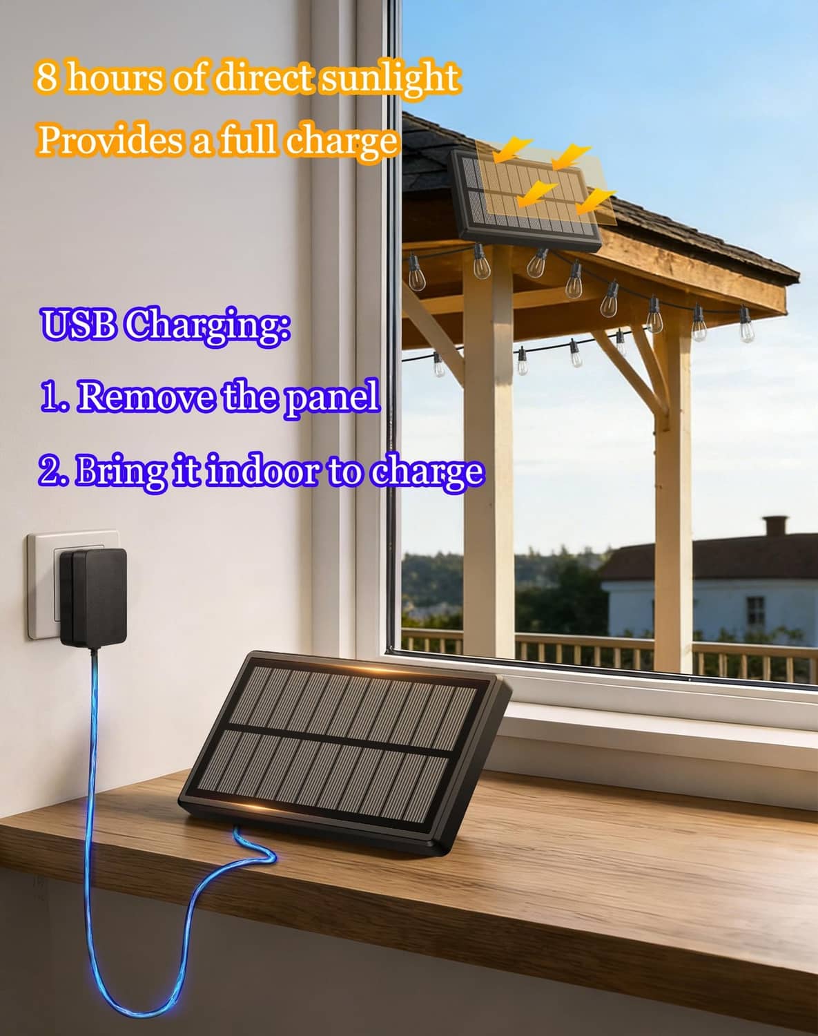 Solar string lights with foldable solar panel for USB charging and hanging warm bulbs