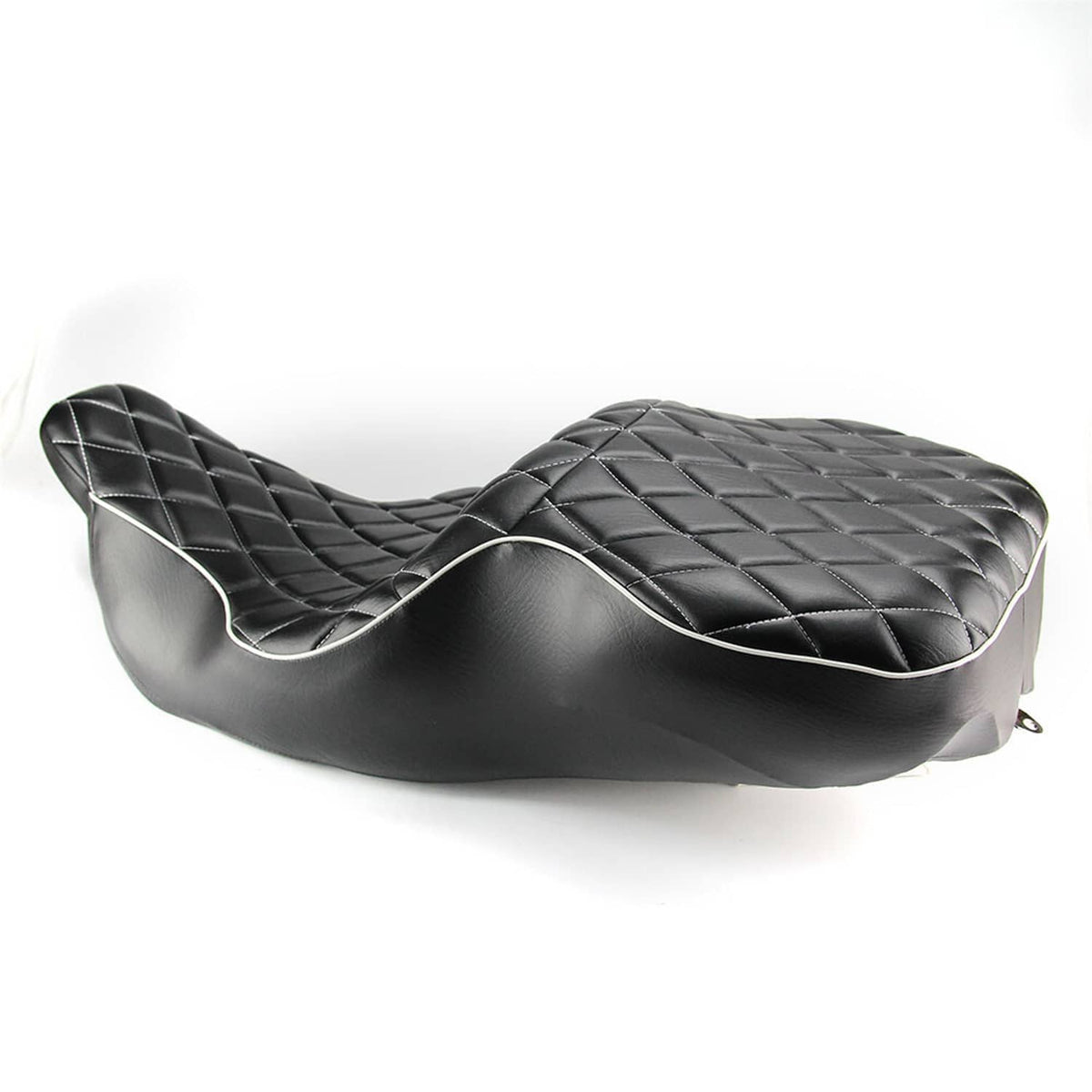 Black motorcycle passenger seat with diamond quilt stitching and silver piping trim
