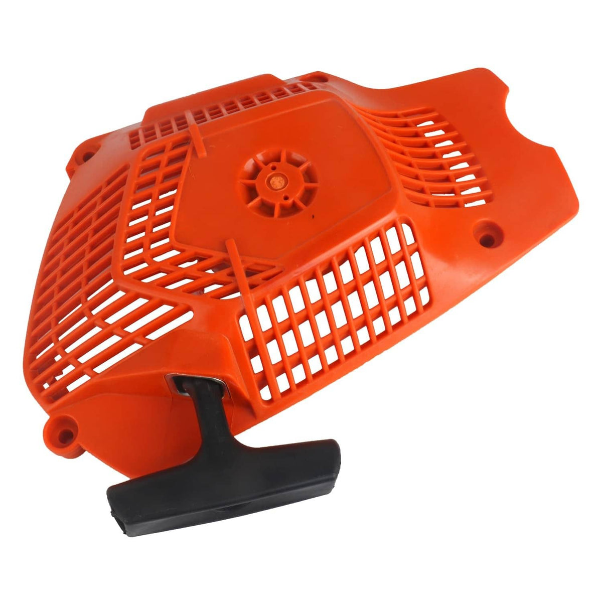 Orange pull start recoil cover with black grip, vented lattice and recoil starter wheel