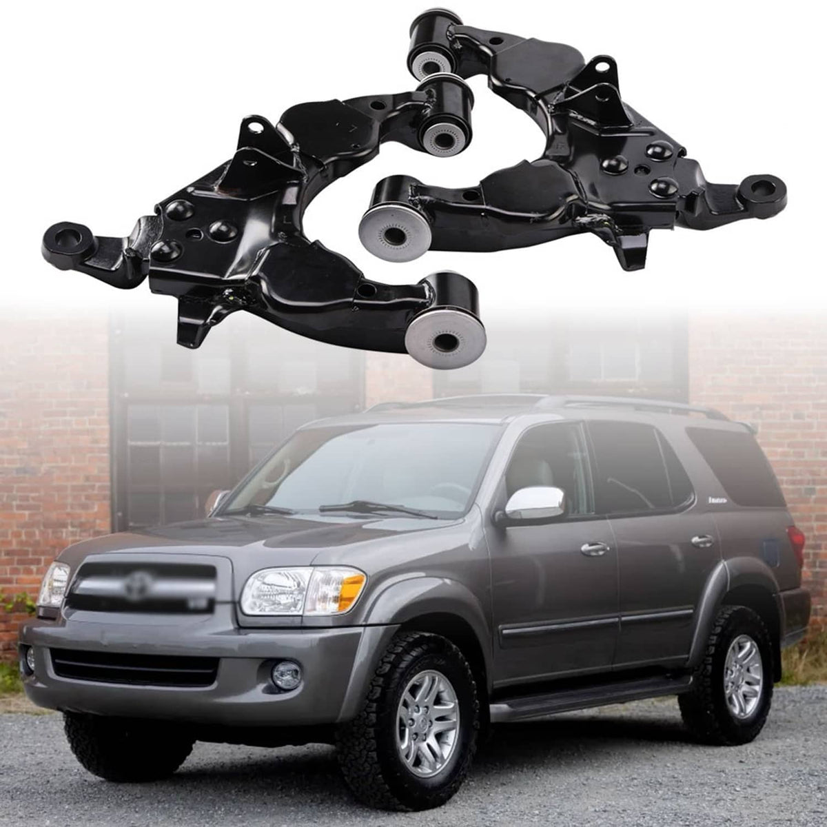 Front suspension lower control arms pair, black powder-coated steel with mounting points
