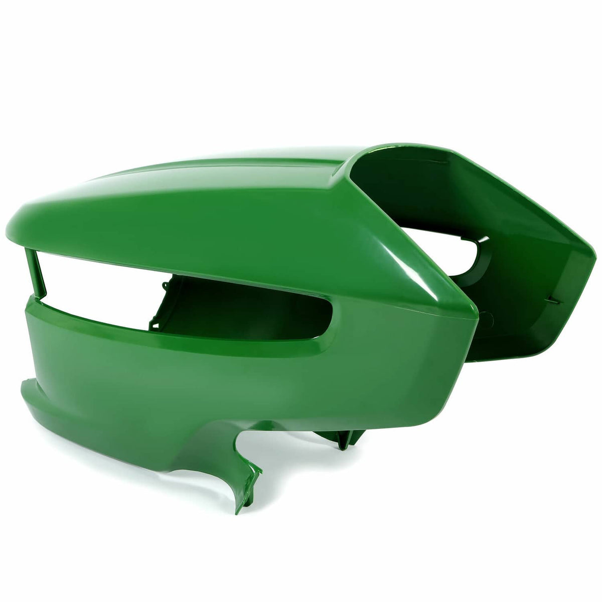 Green lawn mower front hood assembly with open vent window and side brackets