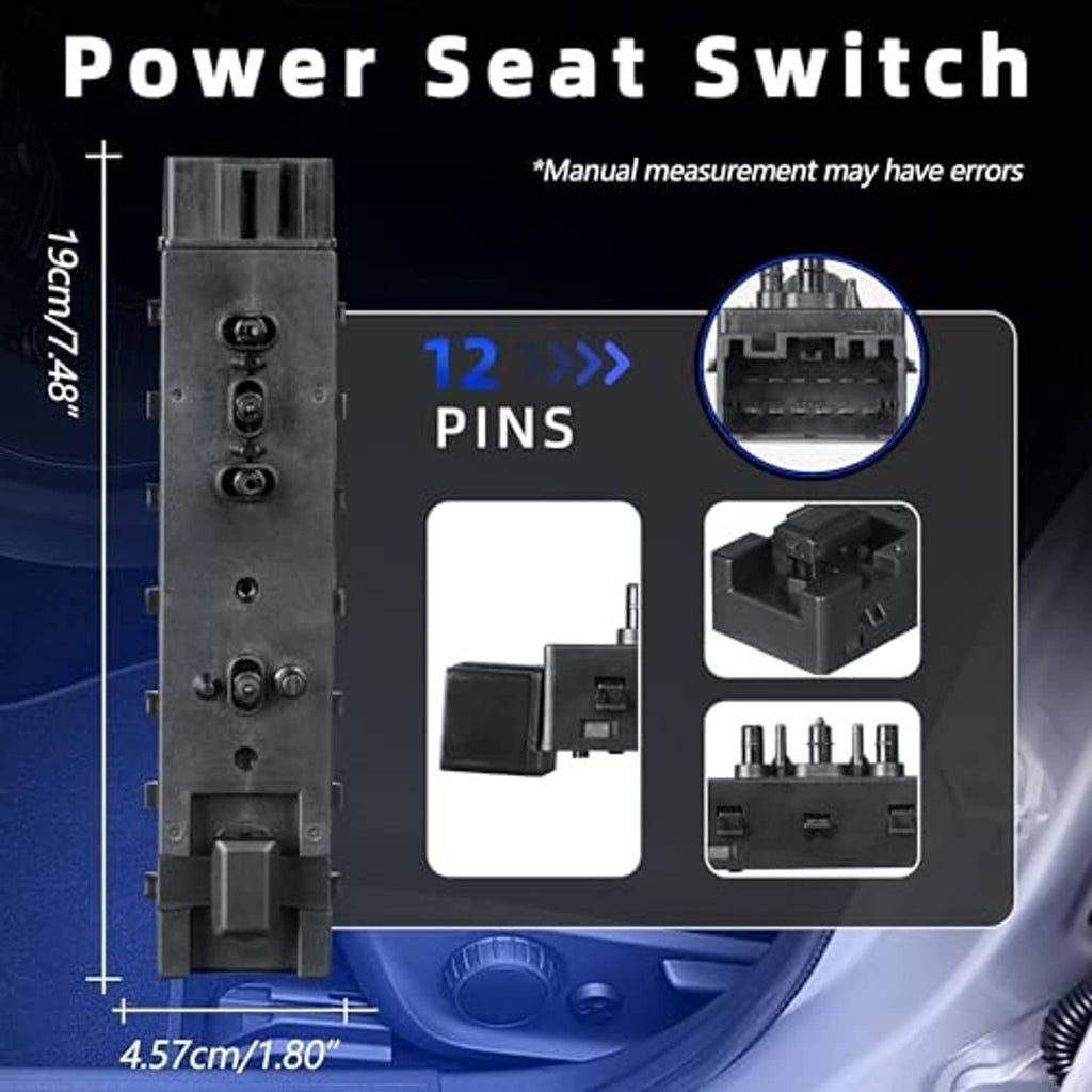 Power seat switch diagram showing 12 pin connector and switch housing details