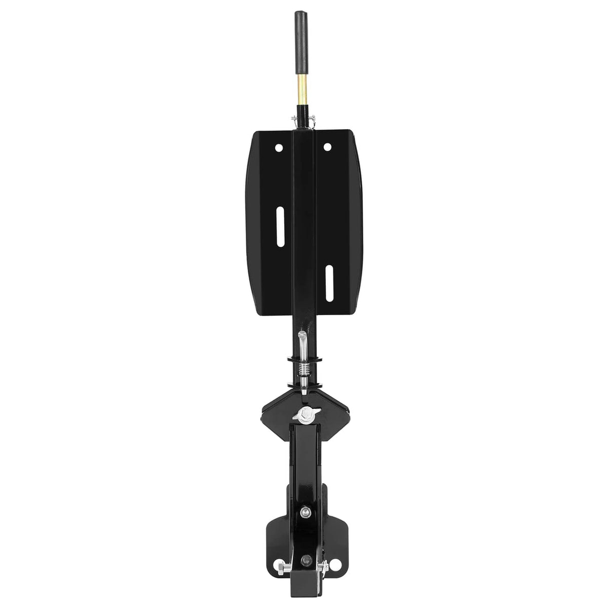 Front view of black spare tire carrier with central post and mounting base bracket