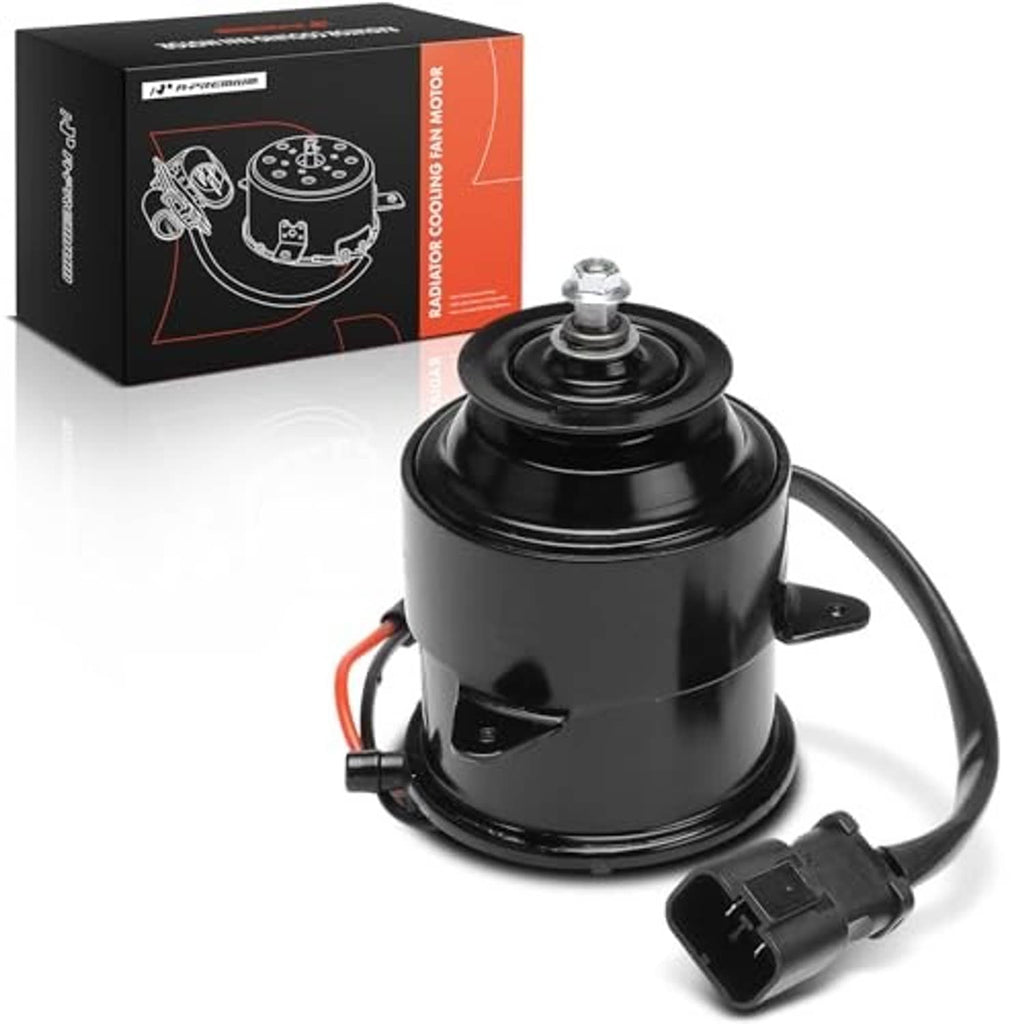 Black radiator fan motor with front cap and attached wiring harness, electrical plug included