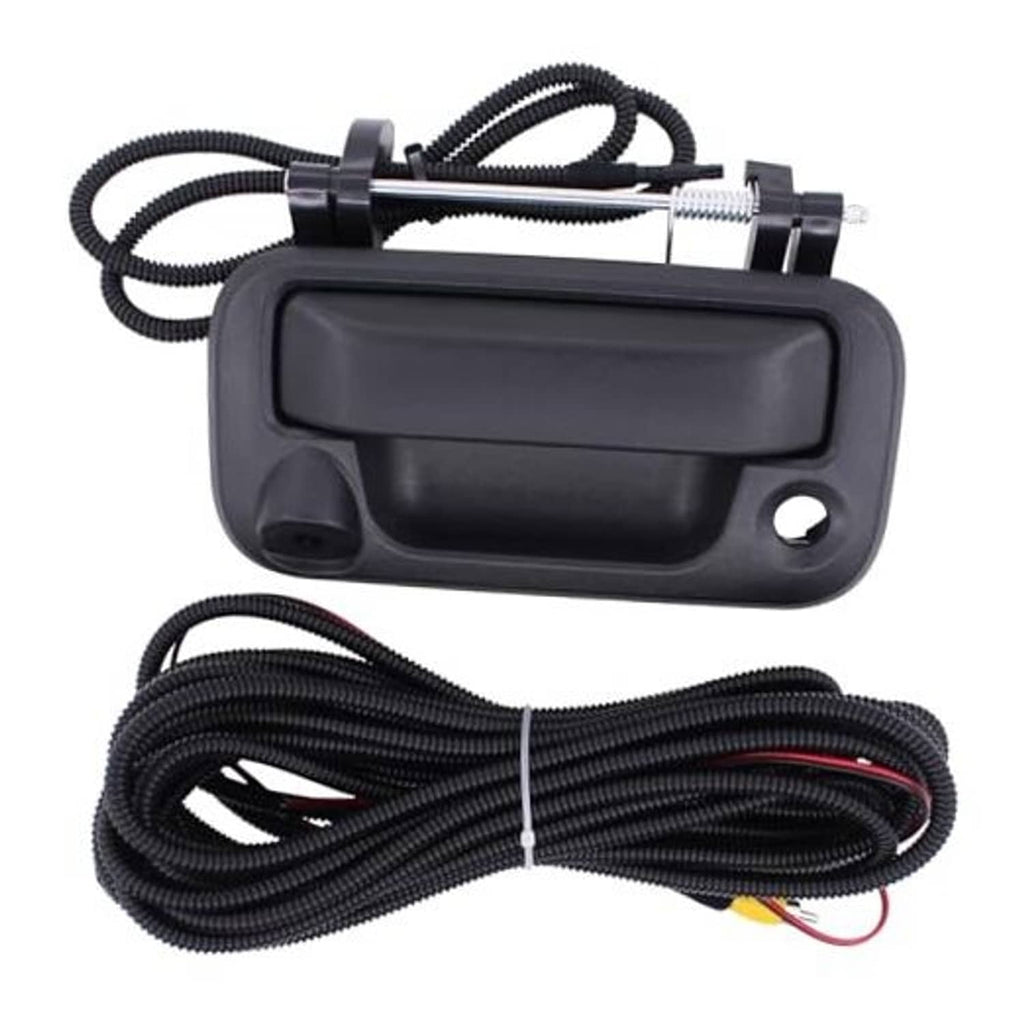 Black tailgate backup camera handle with built-in rectangular lens cover