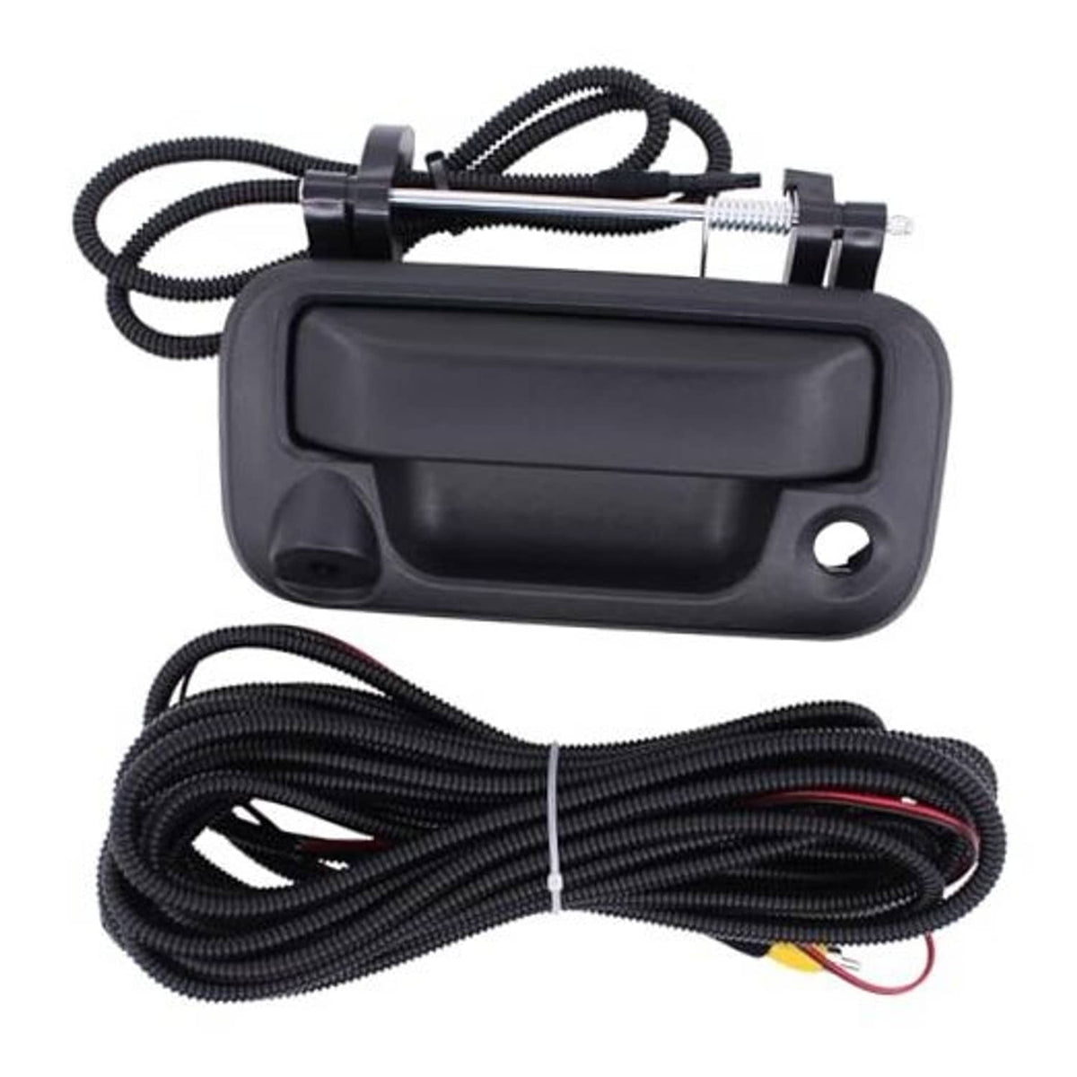 Black tailgate backup camera handle with built-in rectangular lens cover