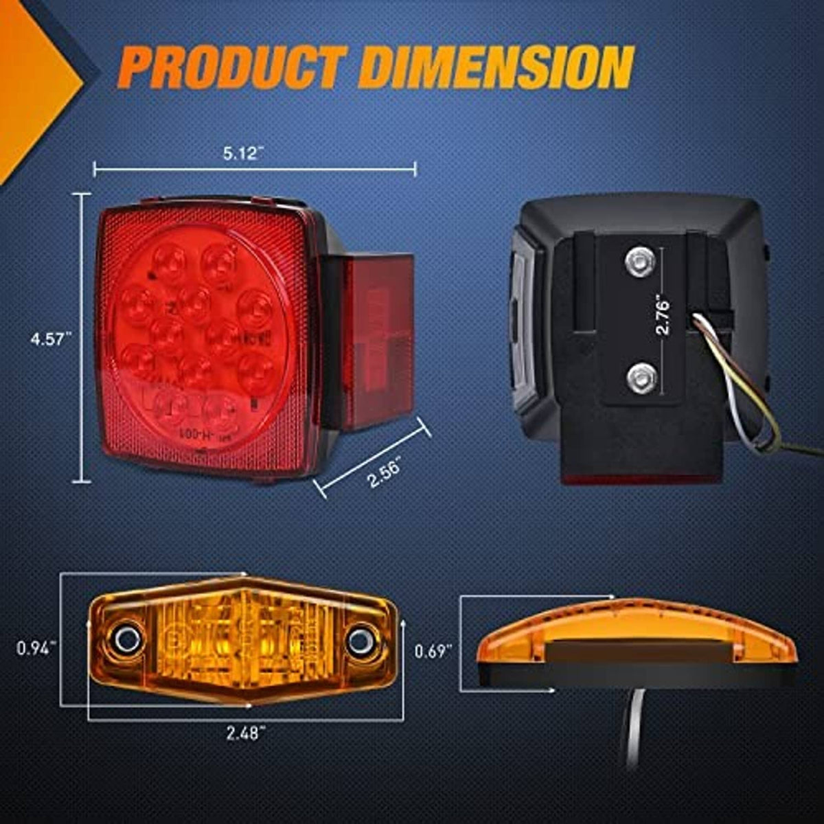 Square red stop/turn/tail light with black housing and amber side marker, with mount