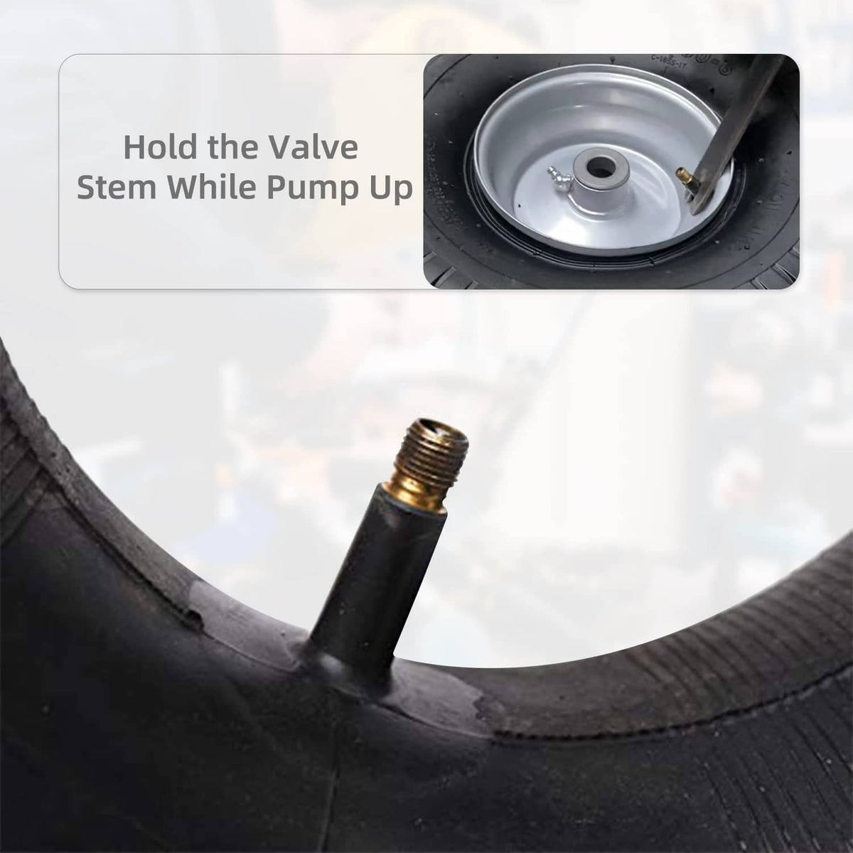 Replacement inner tube valve stem with metal tip protruding from black tire
