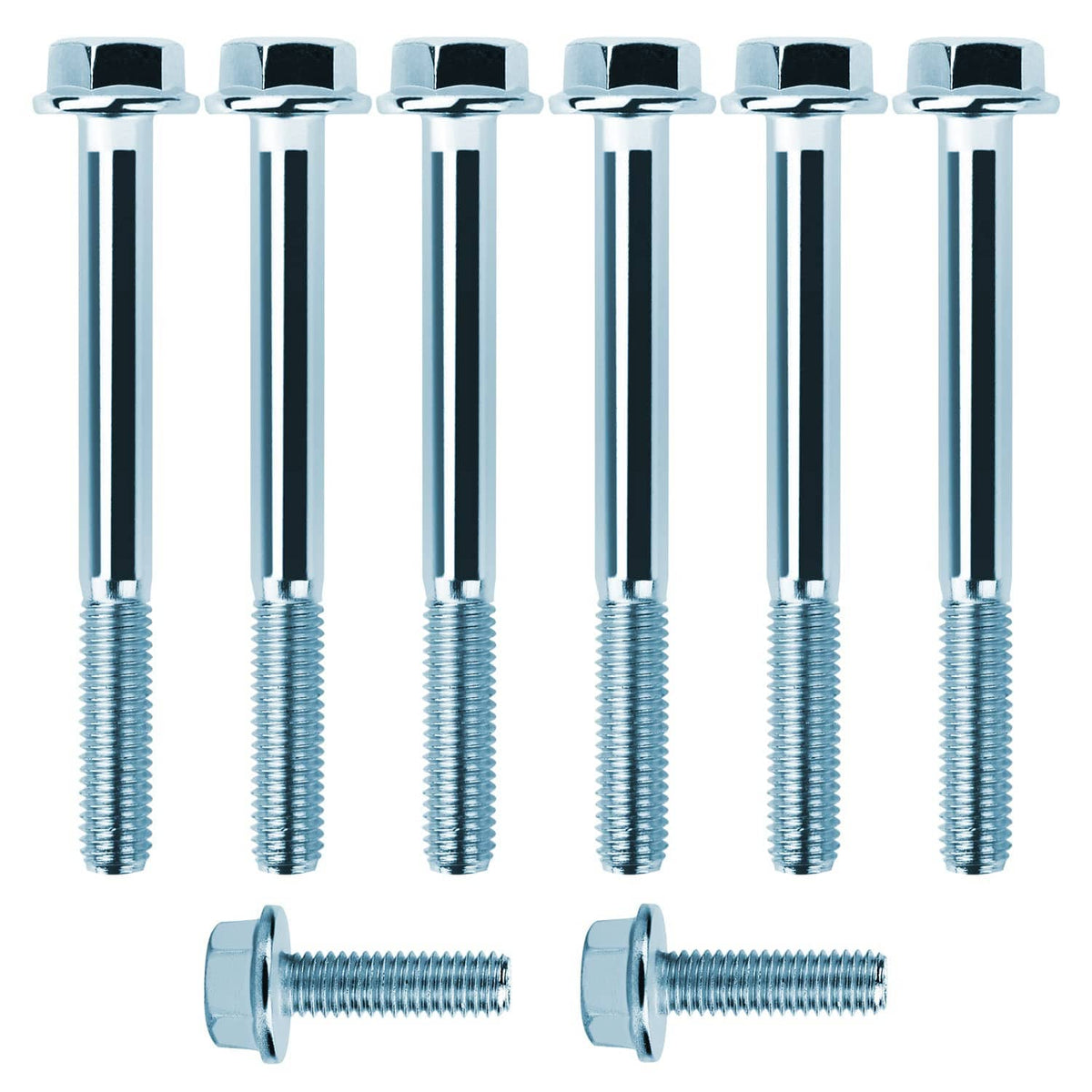 Chrome water pump bolt kit with hex heads and threaded shafts, including two loose bolts