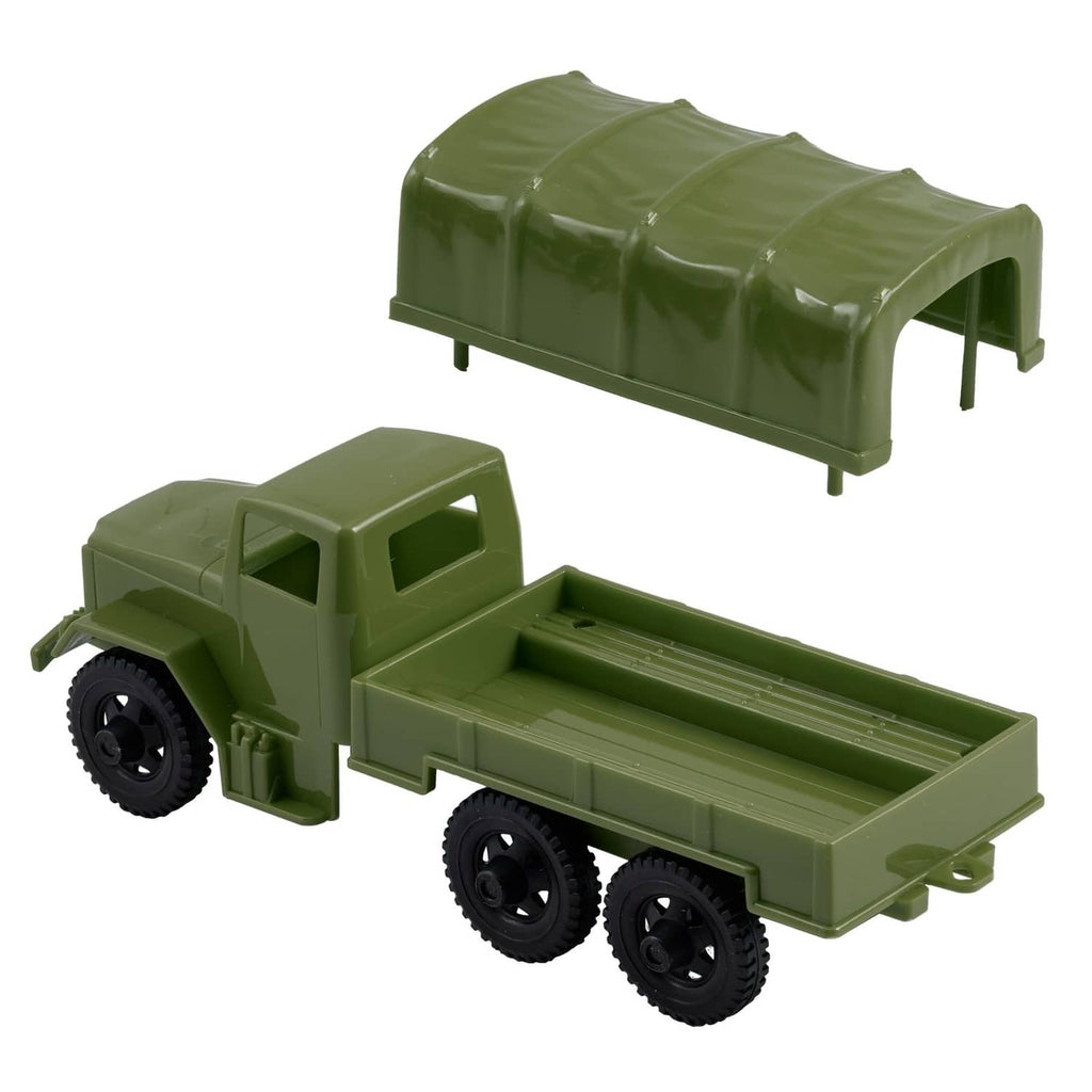 OD green plastic military cargo truck toy with open bed and rounded canvas cover